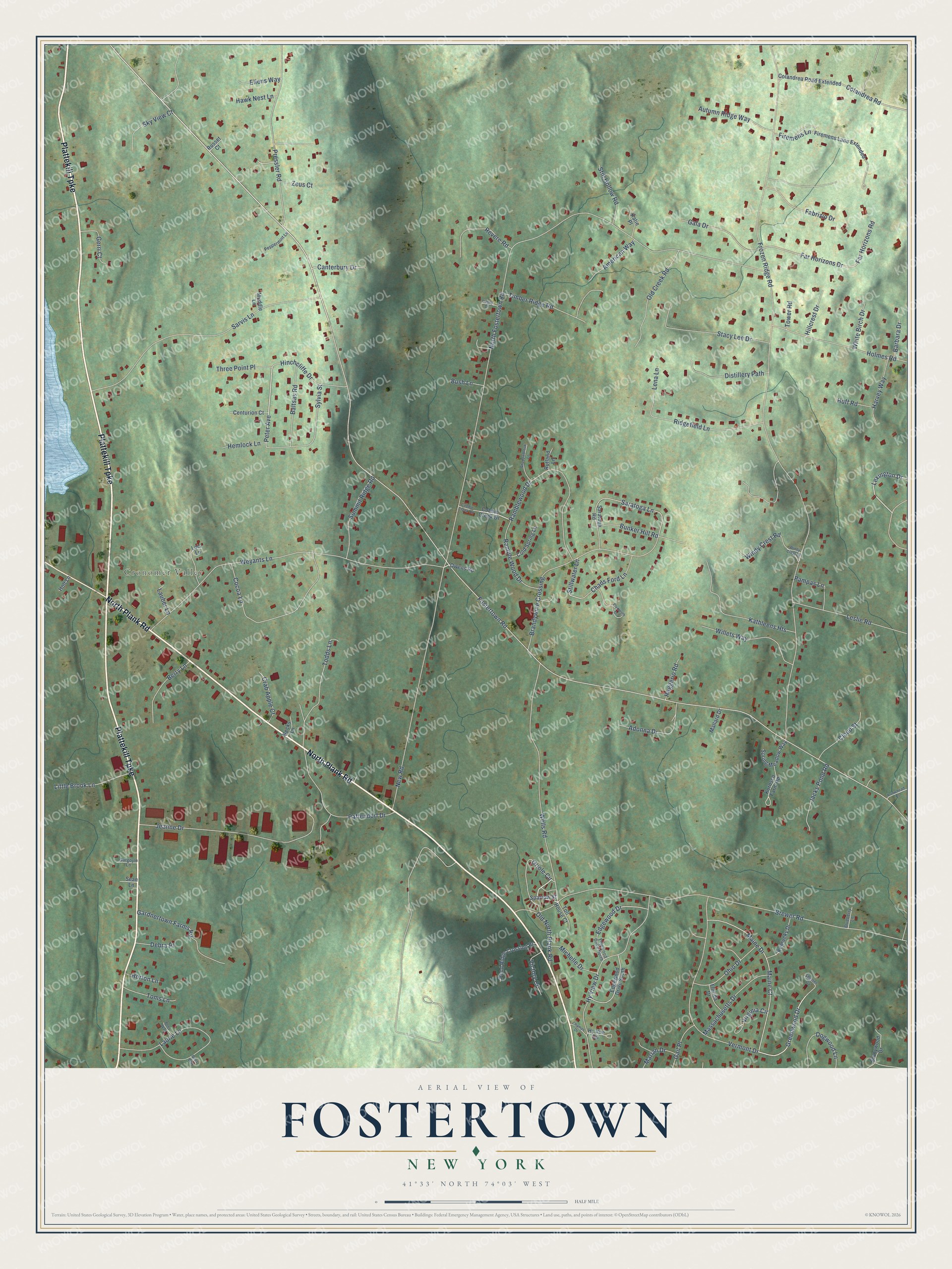 Full map of Fostertown, New York, with red buildings, printed street names and the land around them