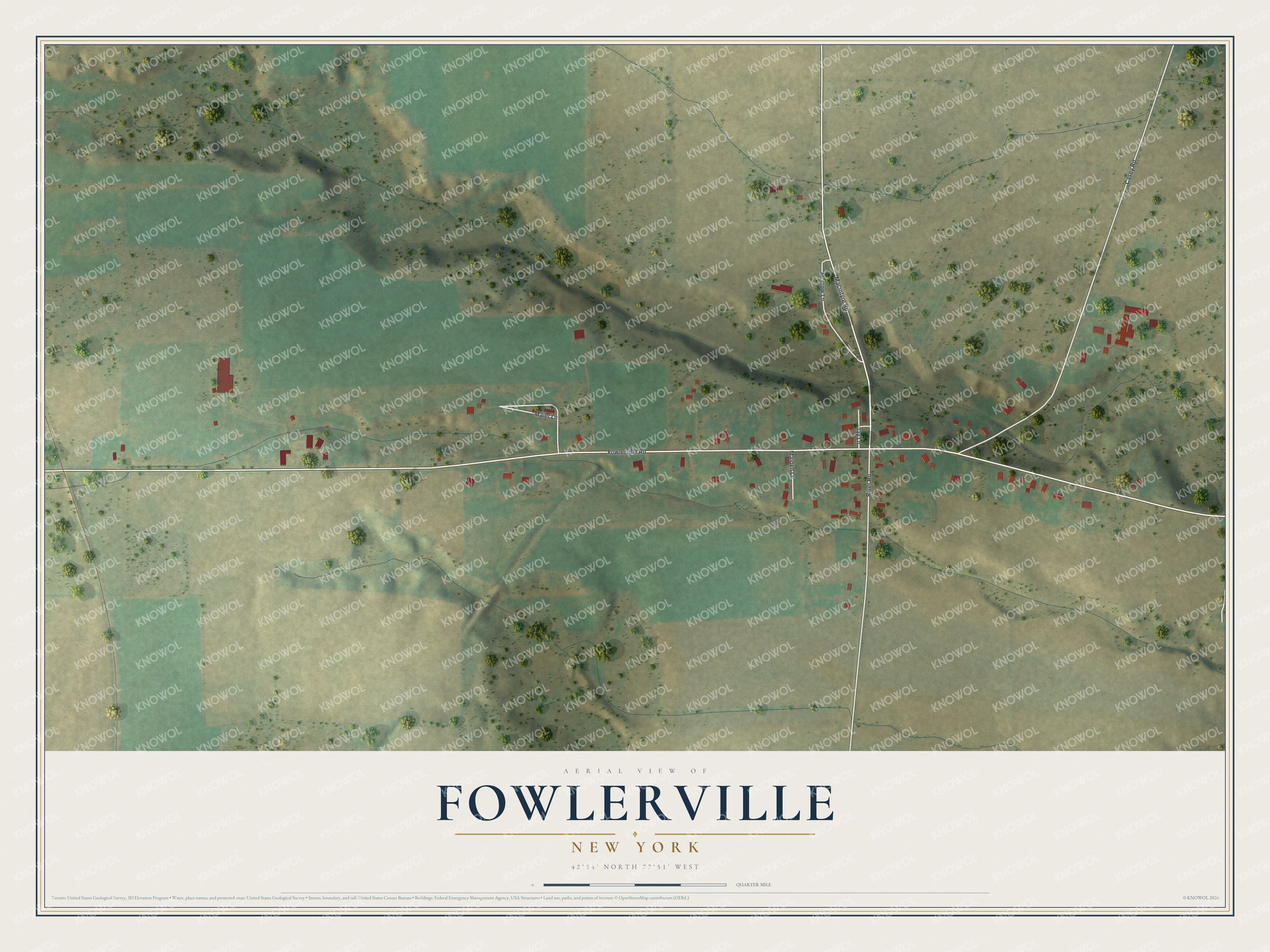 Full map of Fowlerville, New York, with red buildings, printed street names and the land around them