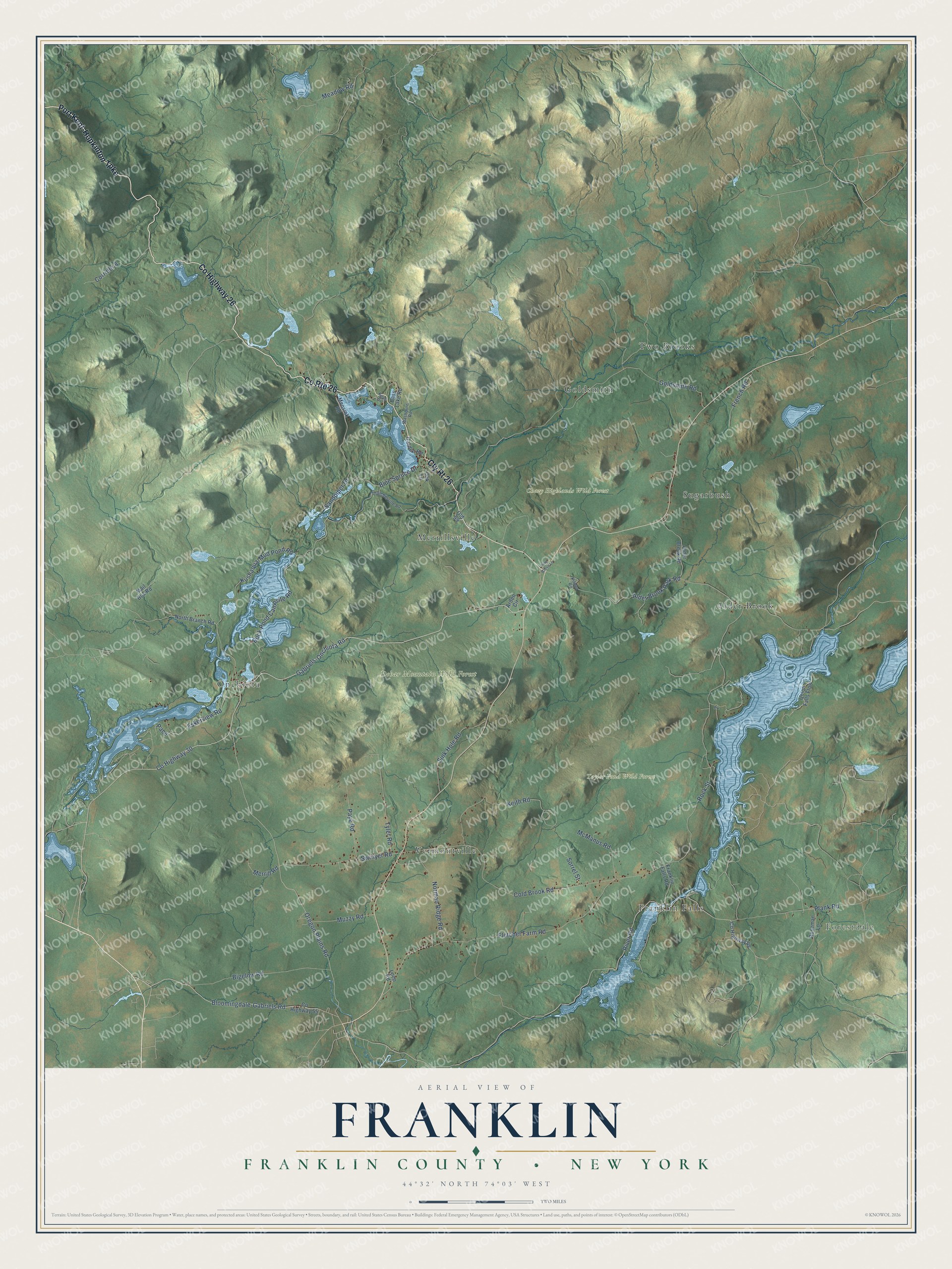 Detailed map of Franklin, Franklin County, New York, showing streets, buildings, neighborhoods, and parks