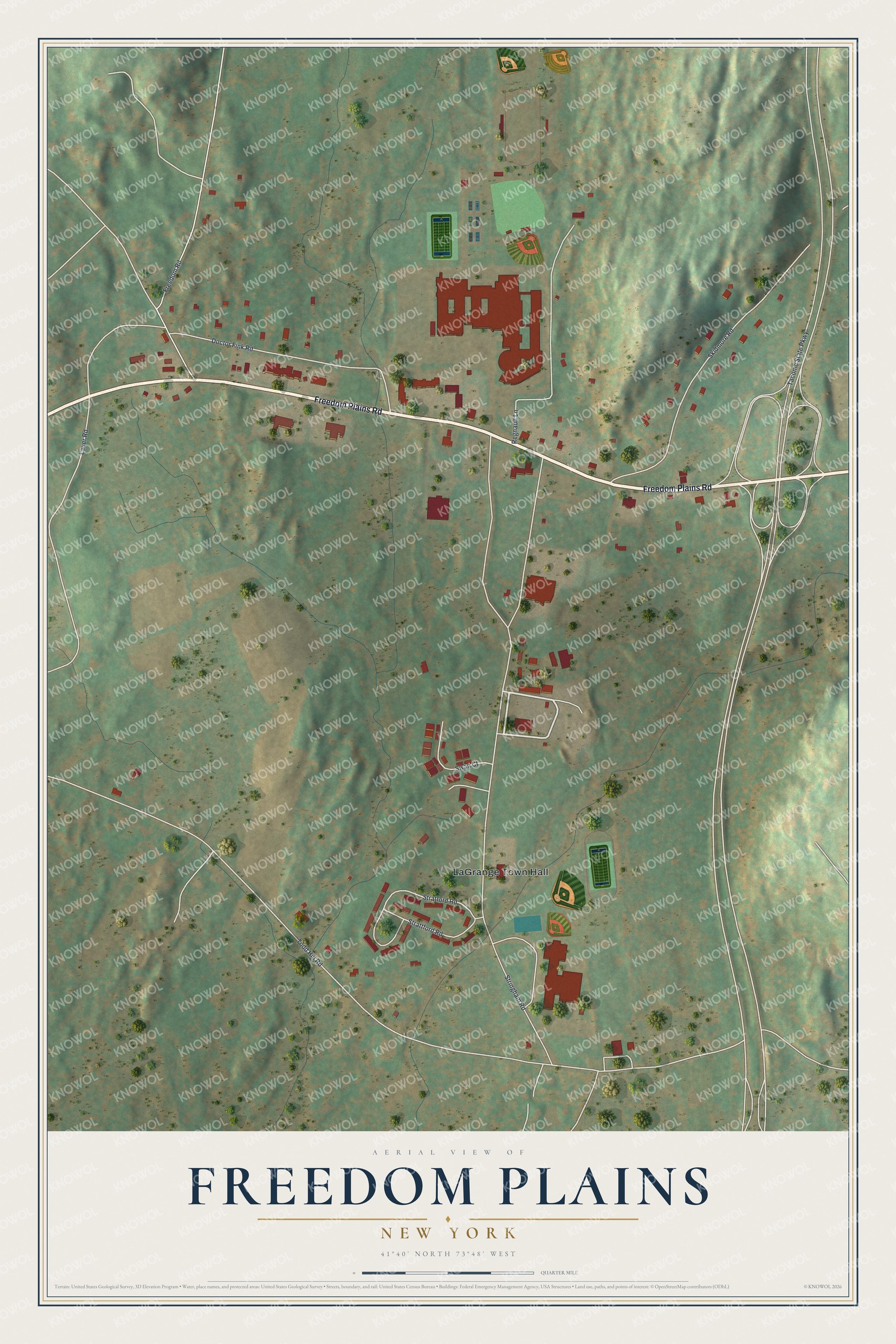 Full map of Freedom Plains, New York, with red buildings, printed street names and the land around them