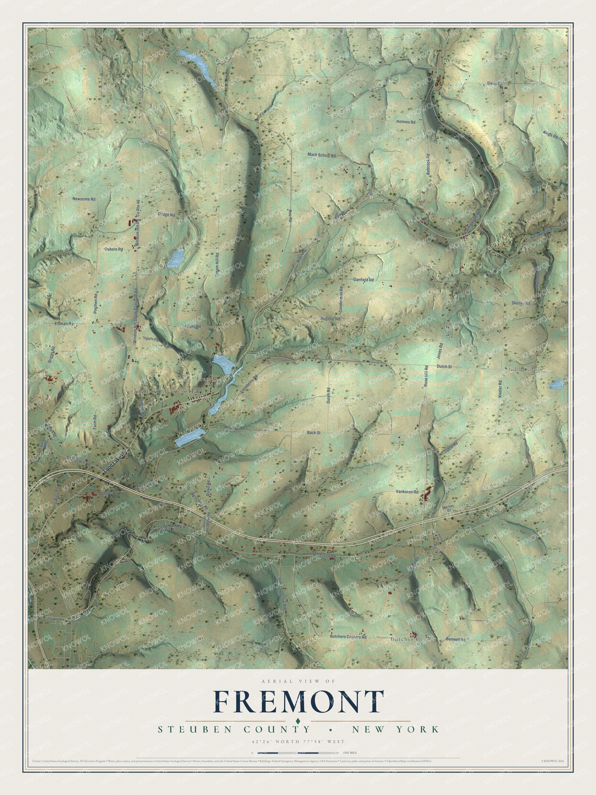 Detailed map of Fremont, Steuben County, New York, showing streets, buildings, and neighborhoods