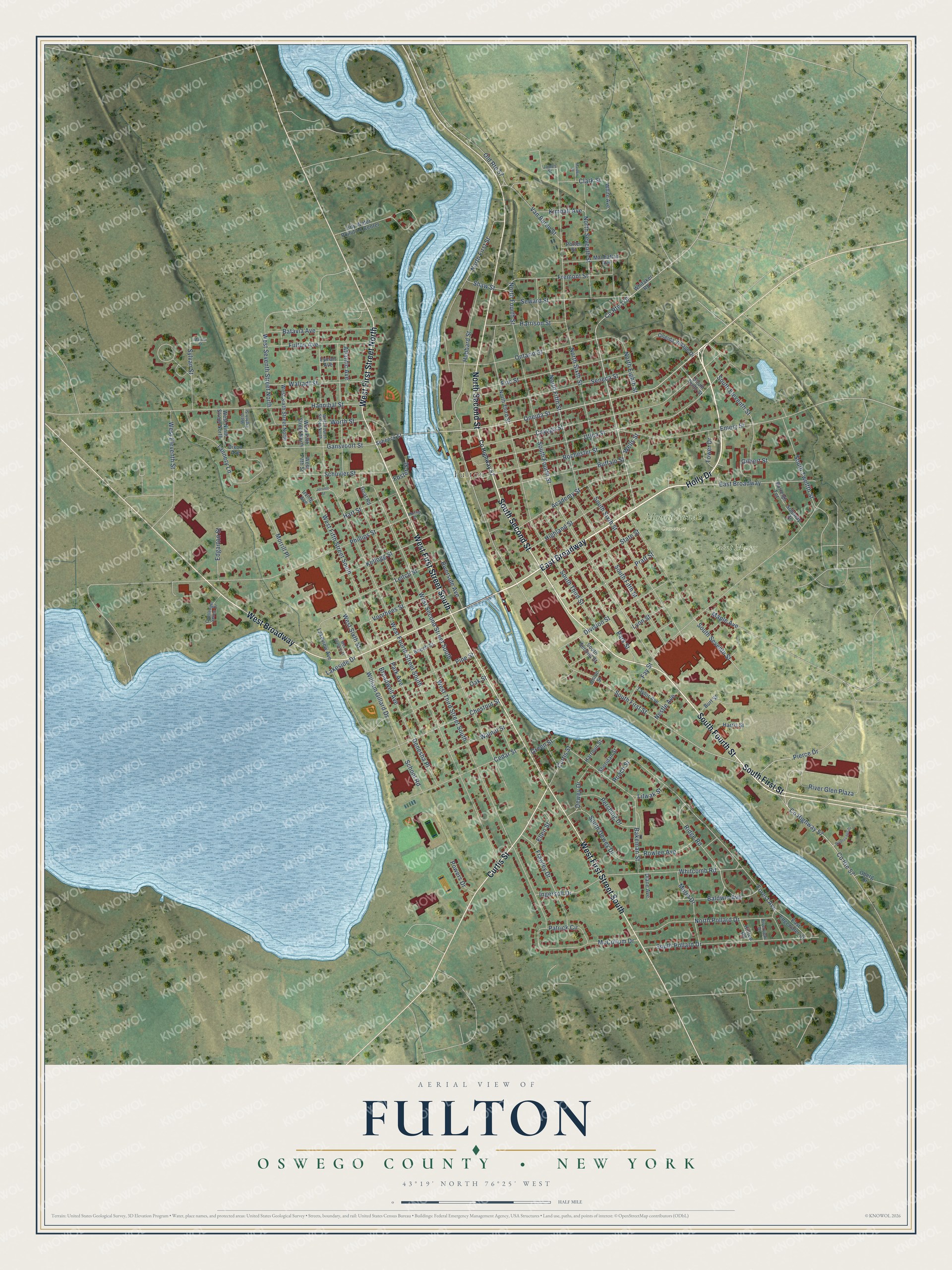 Detailed map of Fulton, Oswego County, New York, showing streets, buildings, and parks