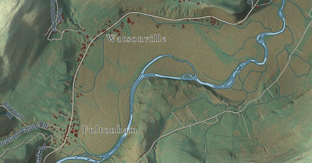 Close-up of streets and buildings in Fulton, Schoharie County, New York