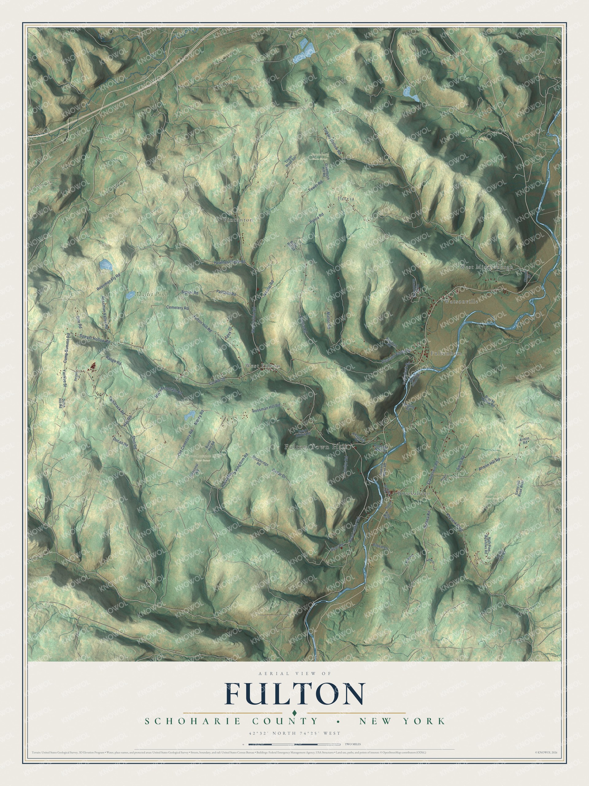Detailed map of Fulton, Schoharie County, New York, showing streets, buildings, neighborhoods, and parks