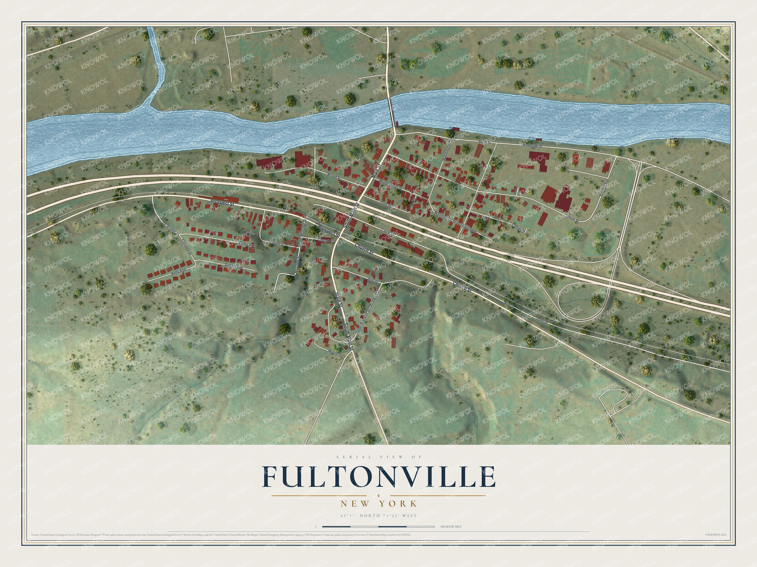 Full map of Fultonville, New York, with red buildings, printed street names and the land around them