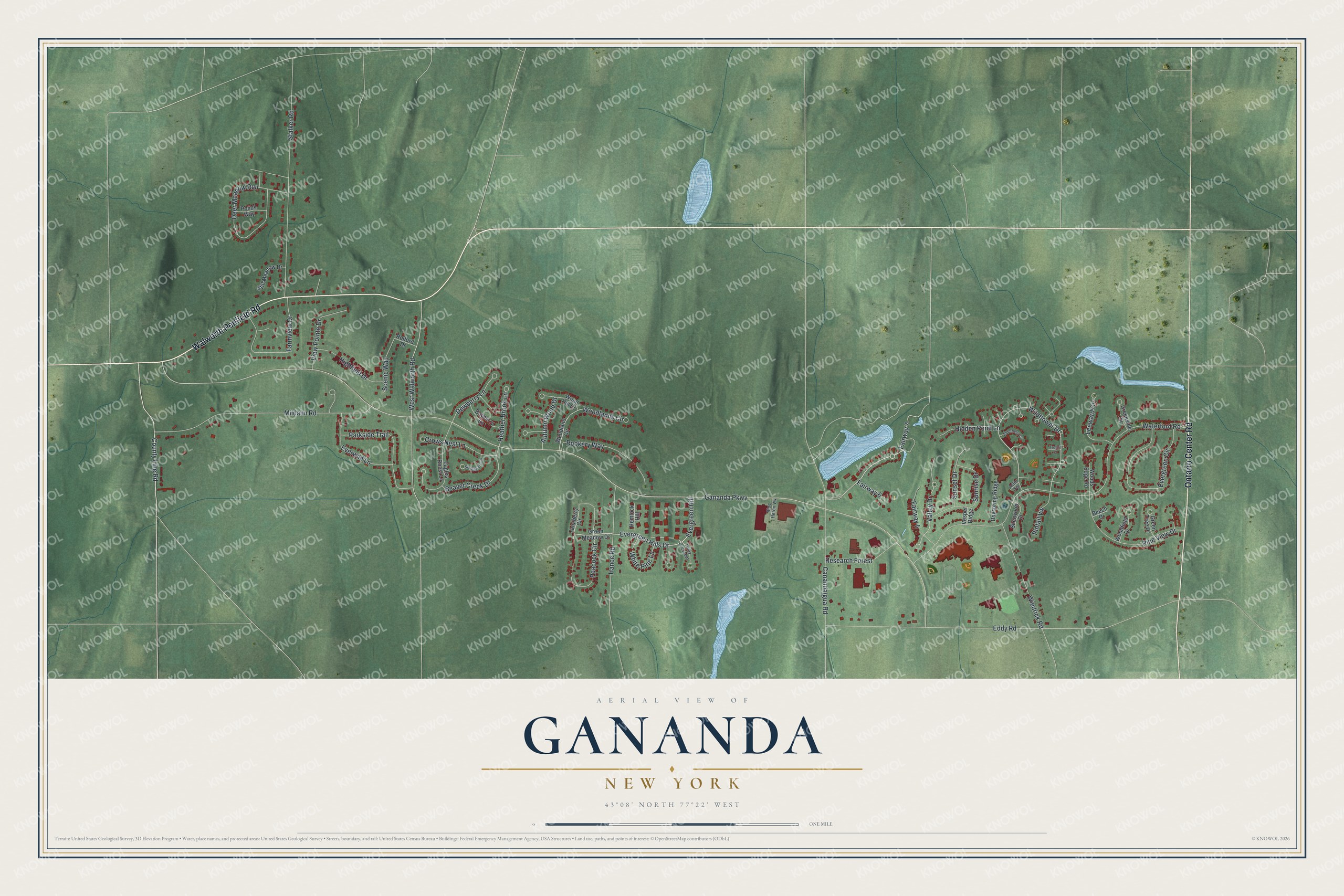 Full map of Gananda, New York, with red buildings, printed street names and the land around them