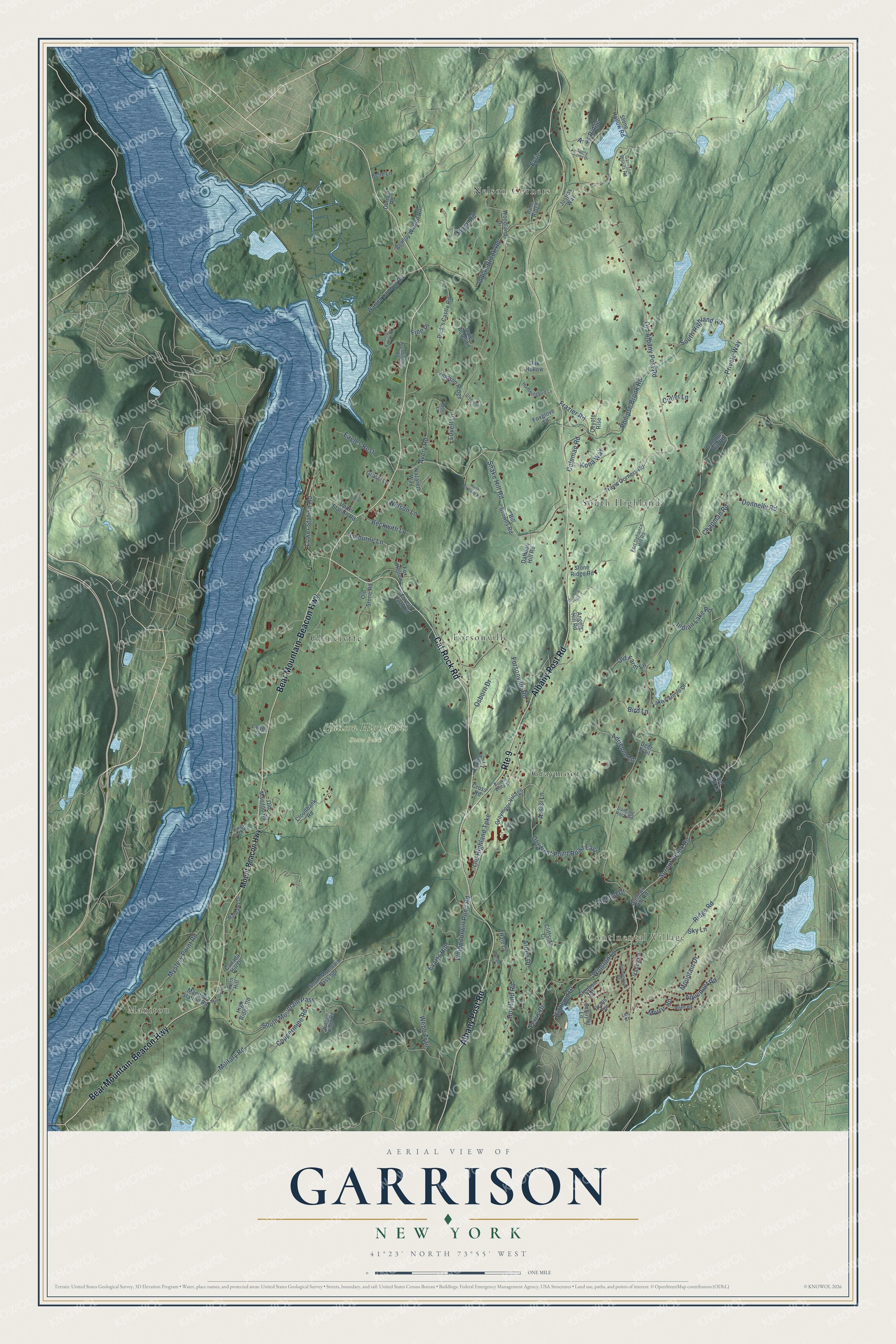 Full map of Garrison, New York, with red buildings, printed street names and the land around them