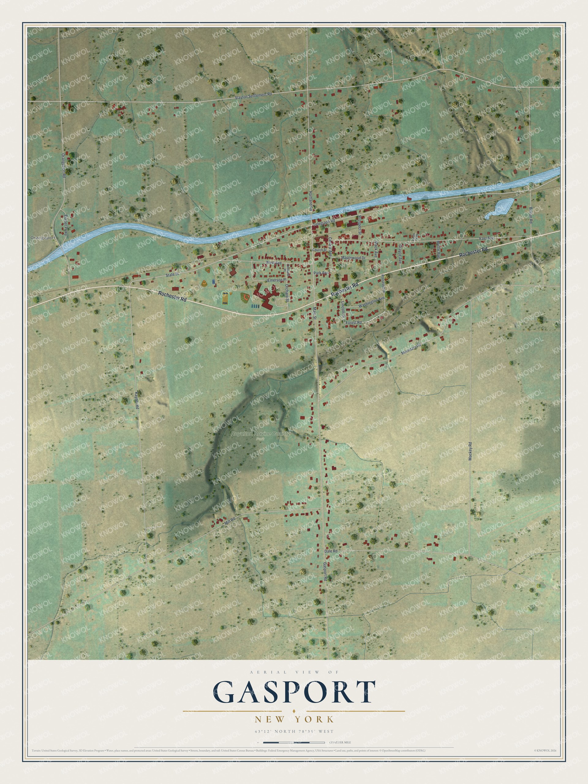 Full map of Gasport, New York, with red buildings, printed street names and the land around them