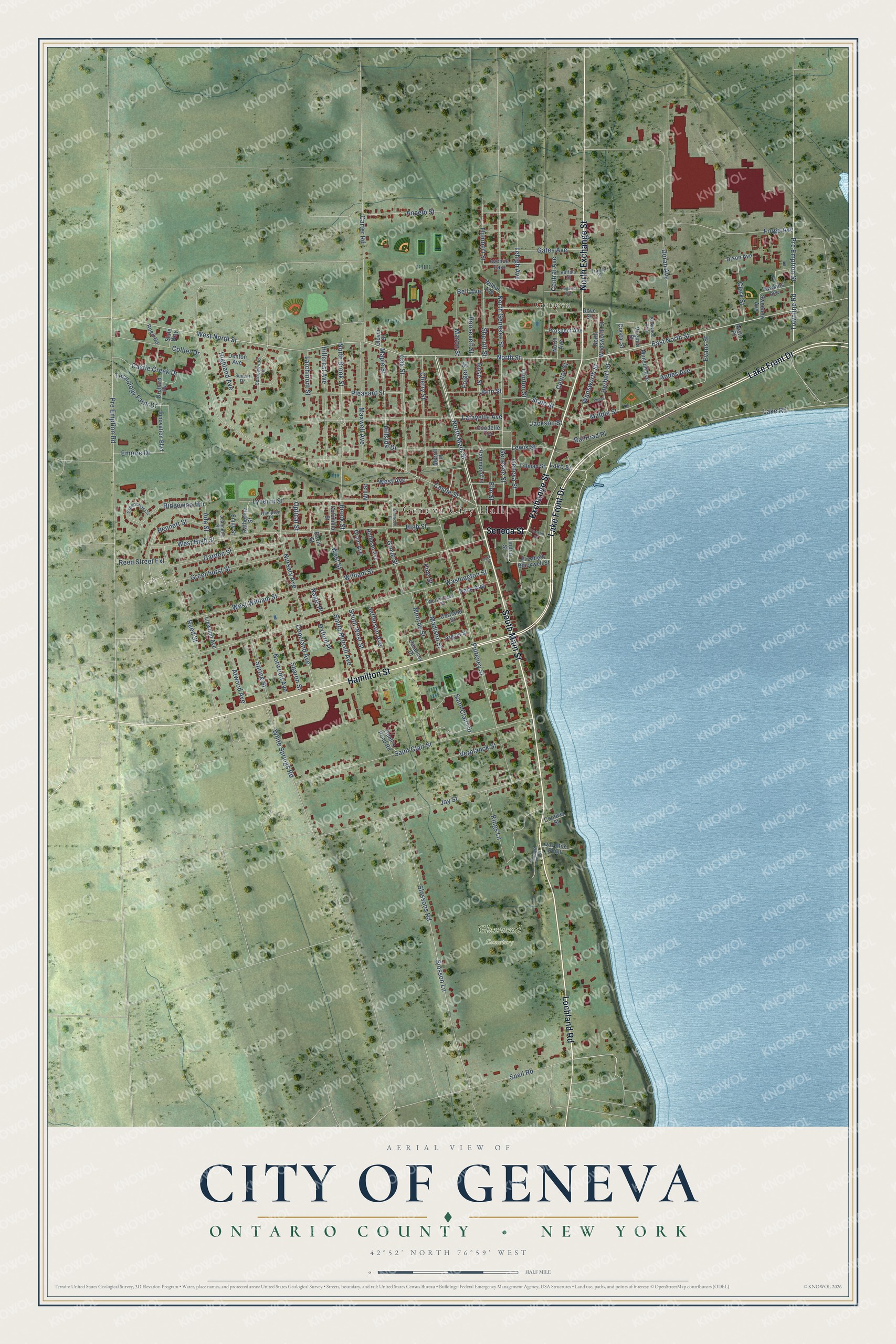 Detailed map of the City of Geneva, Ontario County, New York, showing streets, buildings, and parks