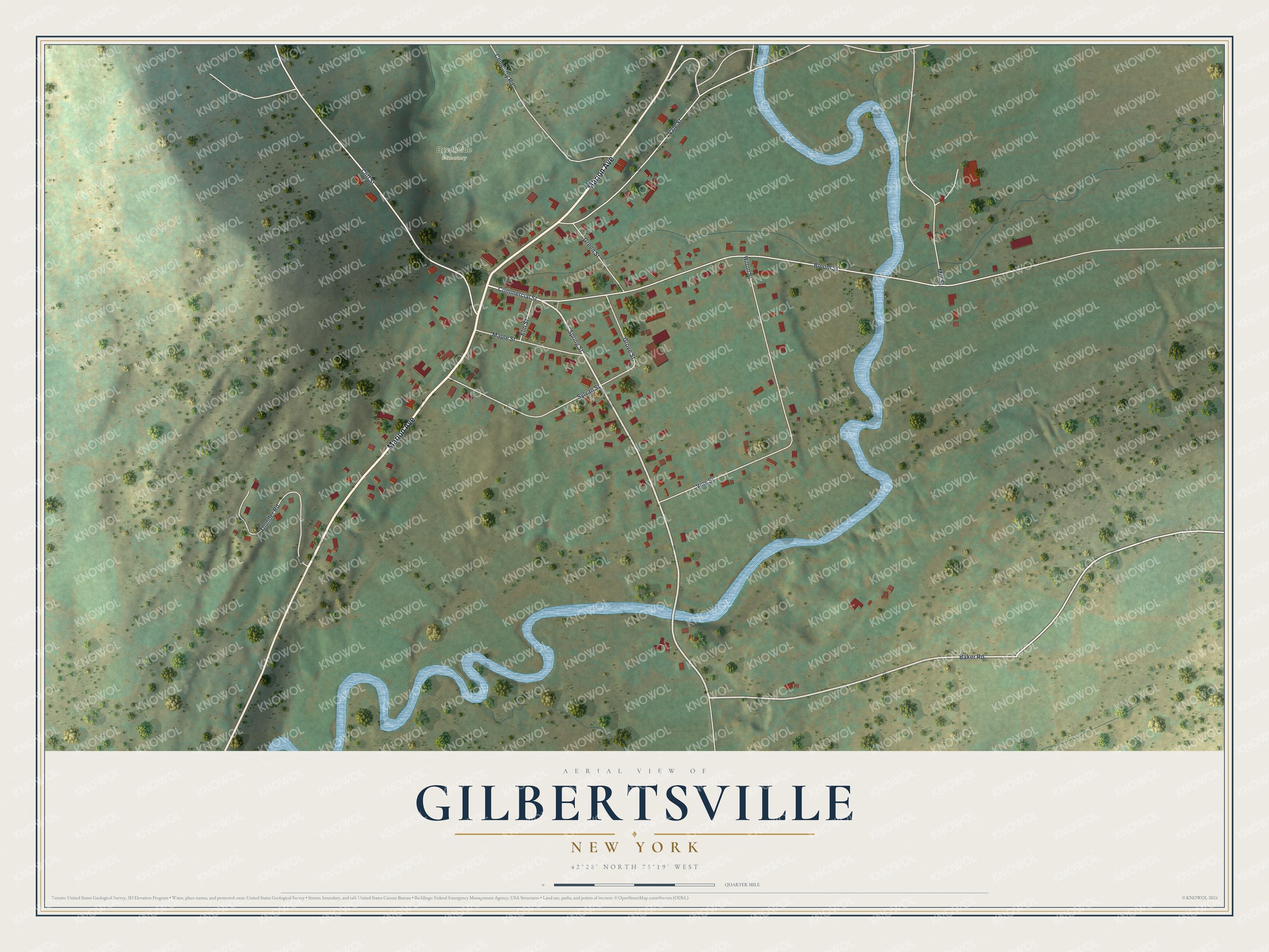 Full map of Gilbertsville, New York, with red buildings, printed street names and the land around them
