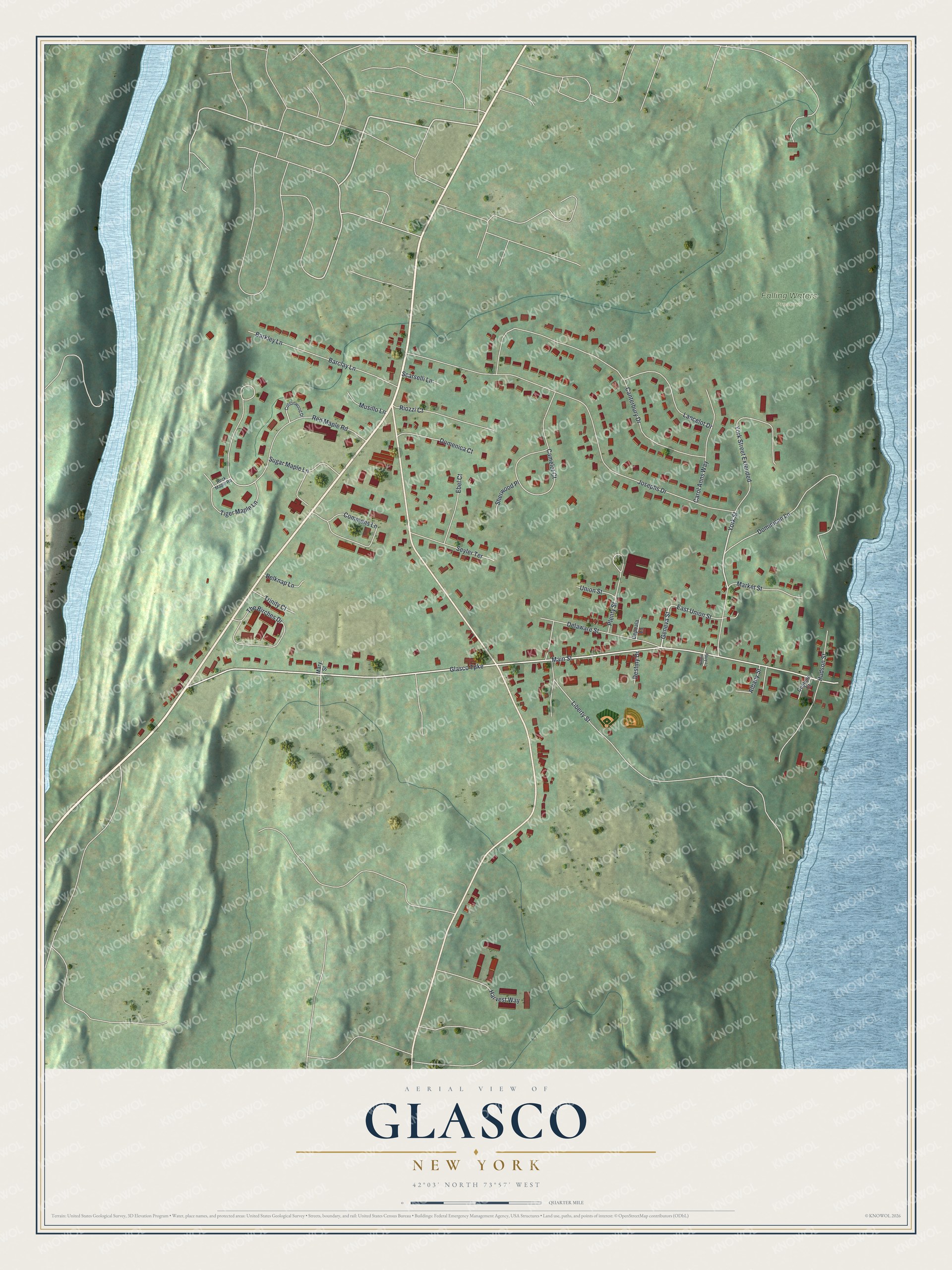 Full map of Glasco, New York, with red buildings, printed street names and the land around them