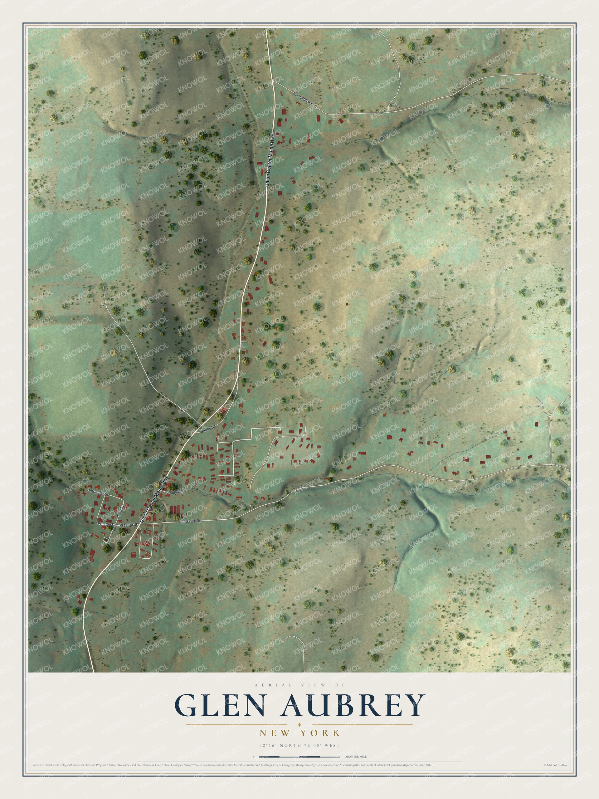 Full map of Glen Aubrey, New York, with red buildings, printed street names and the land around them