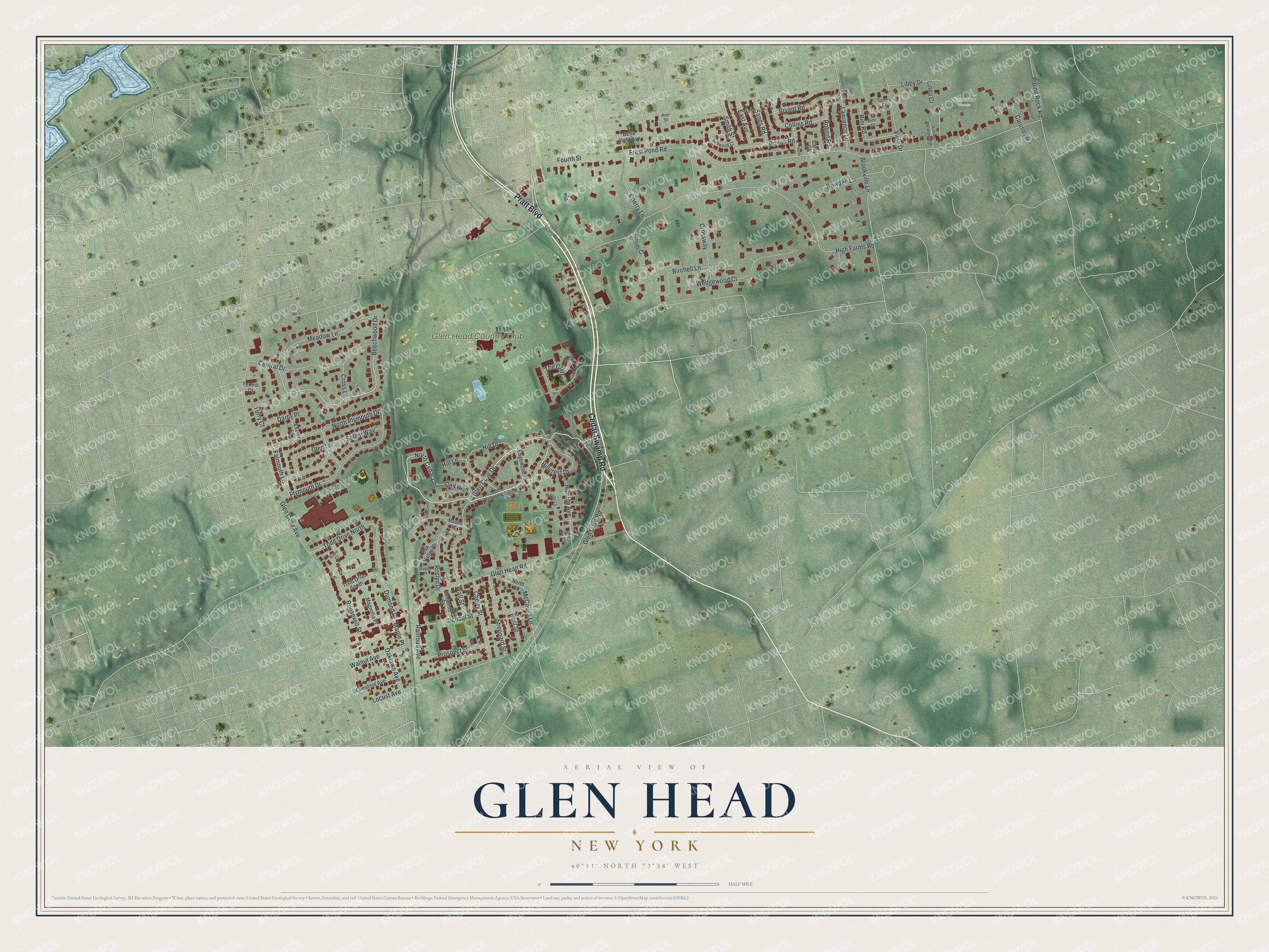 Full map of Glen Head, New York, with red buildings, printed street names and the land around them