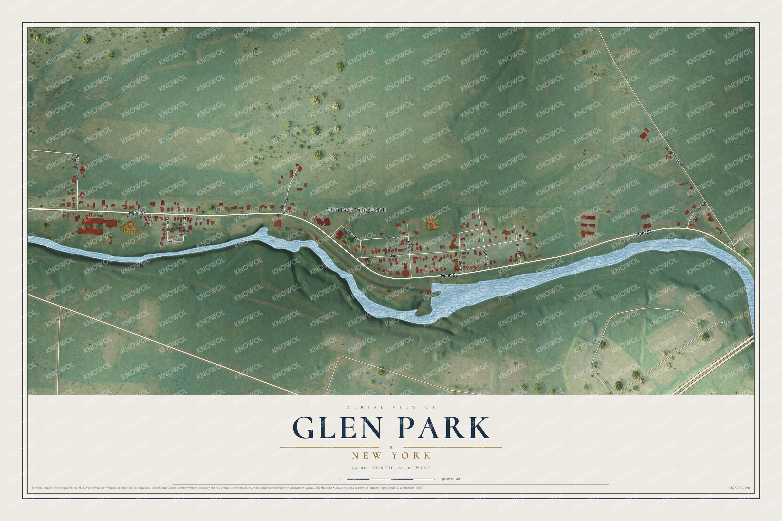 Full map of Glen Park, New York, with red buildings, printed street names and the land around them