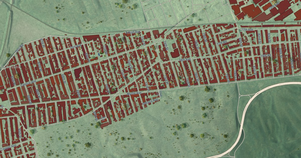 Close-up of streets and buildings in Glendale, New York