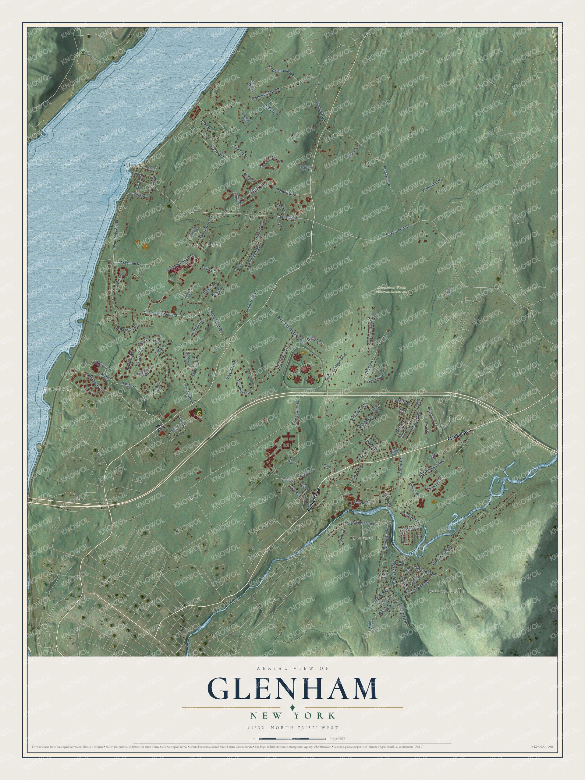Full map of Glenham, New York, with red buildings, printed street names and the land around them