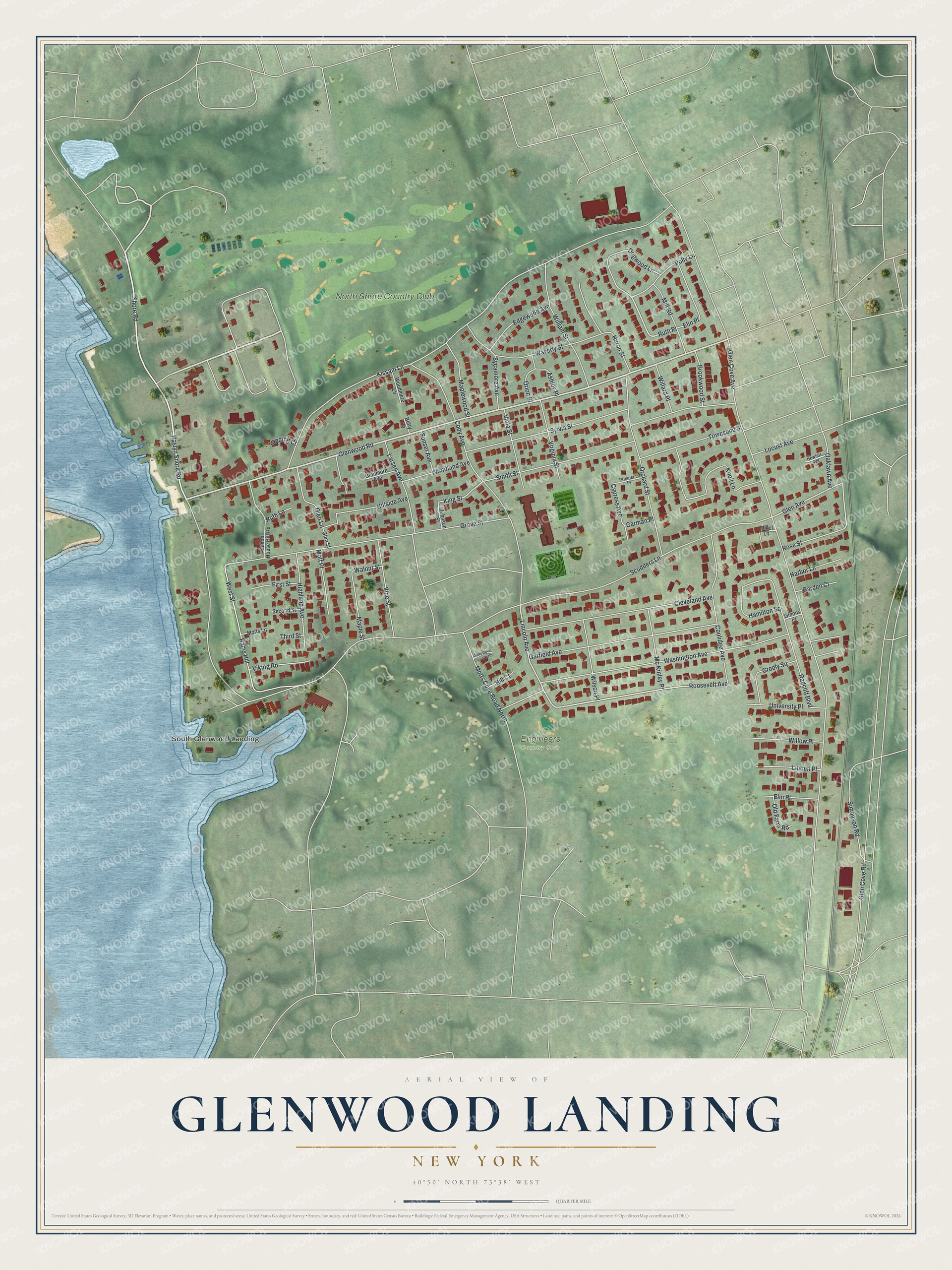 Full map of Glenwood Landing, New York, with red buildings, printed street names and the land around them