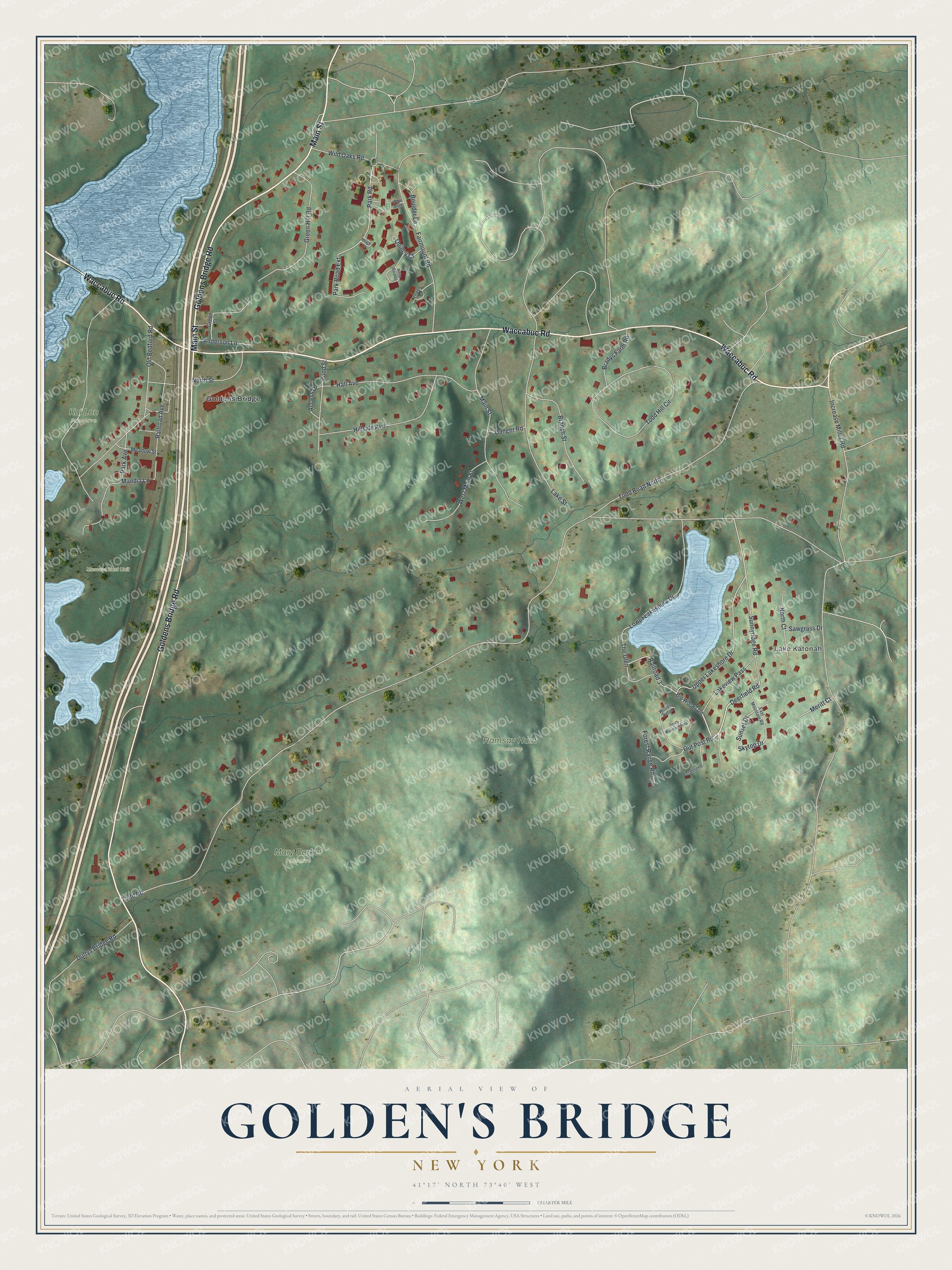 Full map of Golden's Bridge, New York, with red buildings, printed street names and the land around them