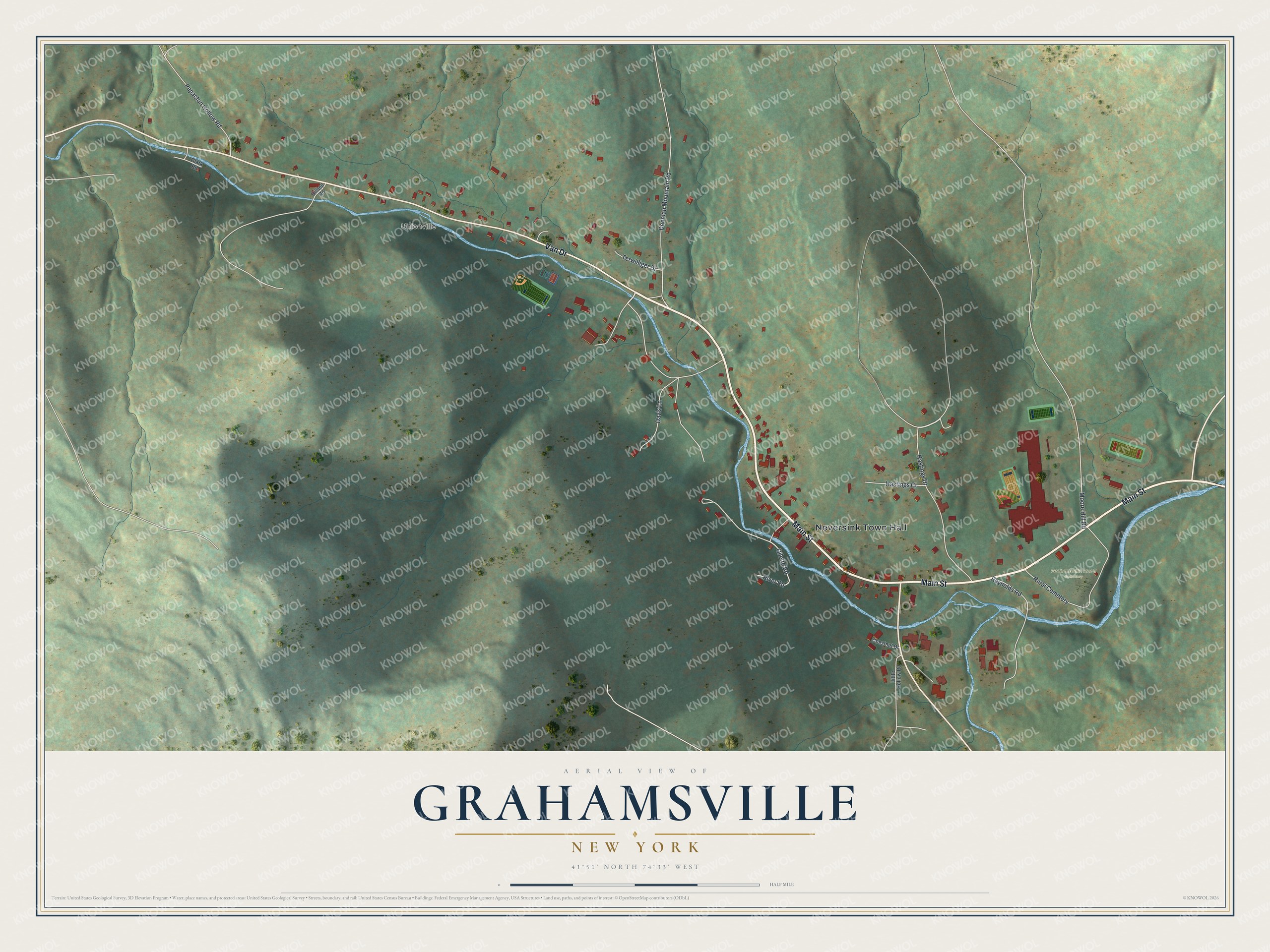Full map of Grahamsville, New York, with red buildings, printed street names and the land around them
