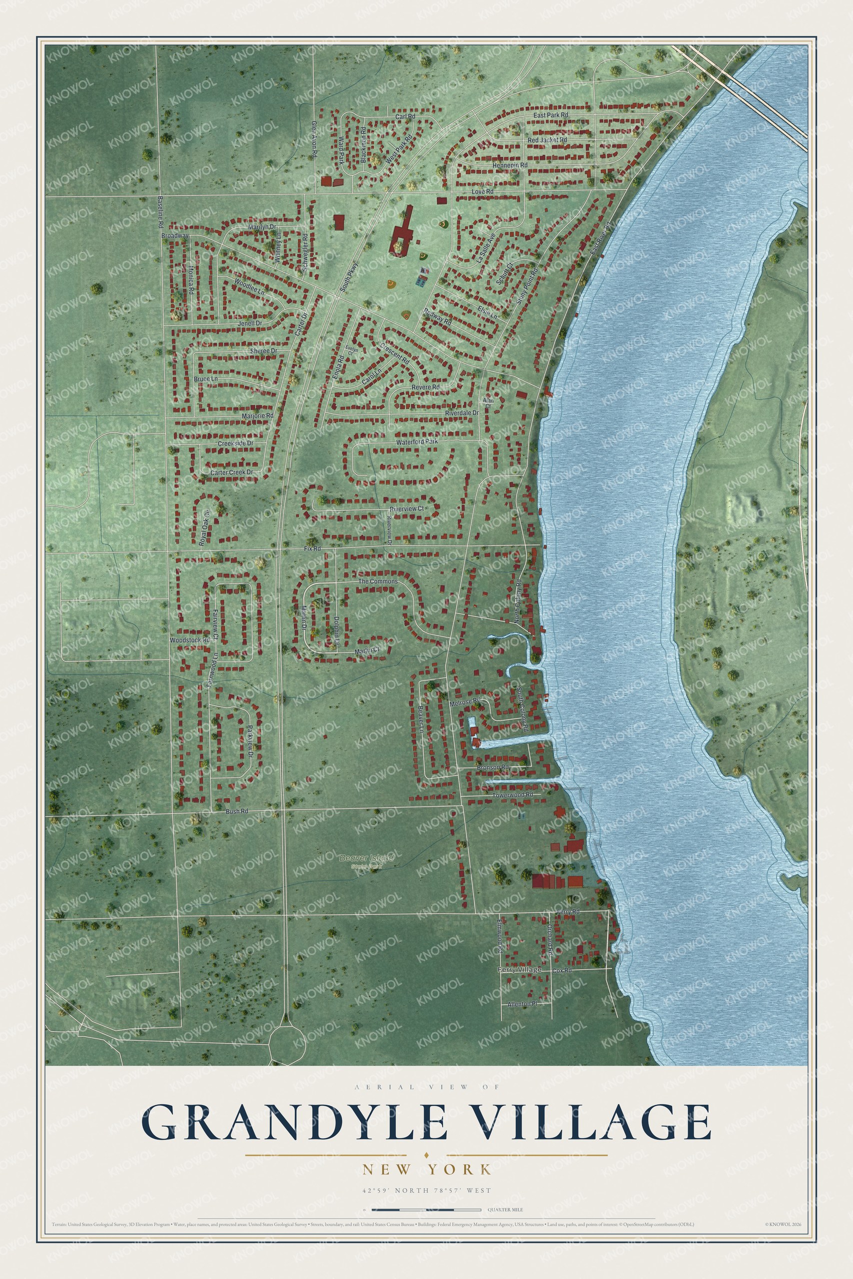 Full map of Grandyle Village, New York, with red buildings, printed street names and the land around them