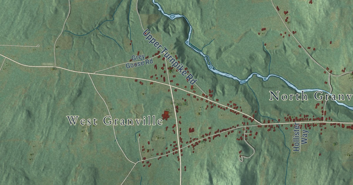 Close-up of streets and buildings in the Town of Granville, New York