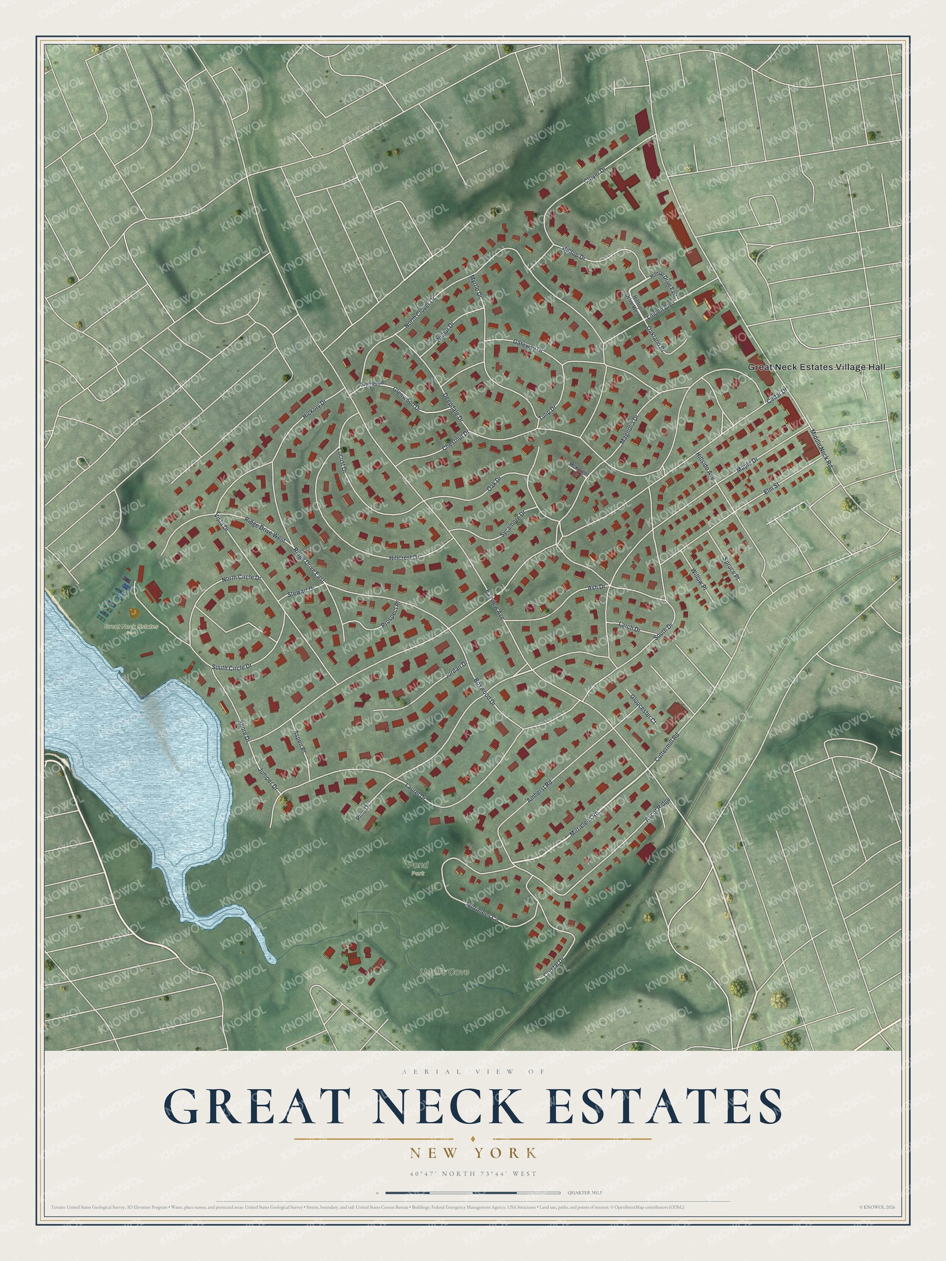 Full map of Great Neck Estates, New York, with red buildings, printed street names and the land around them