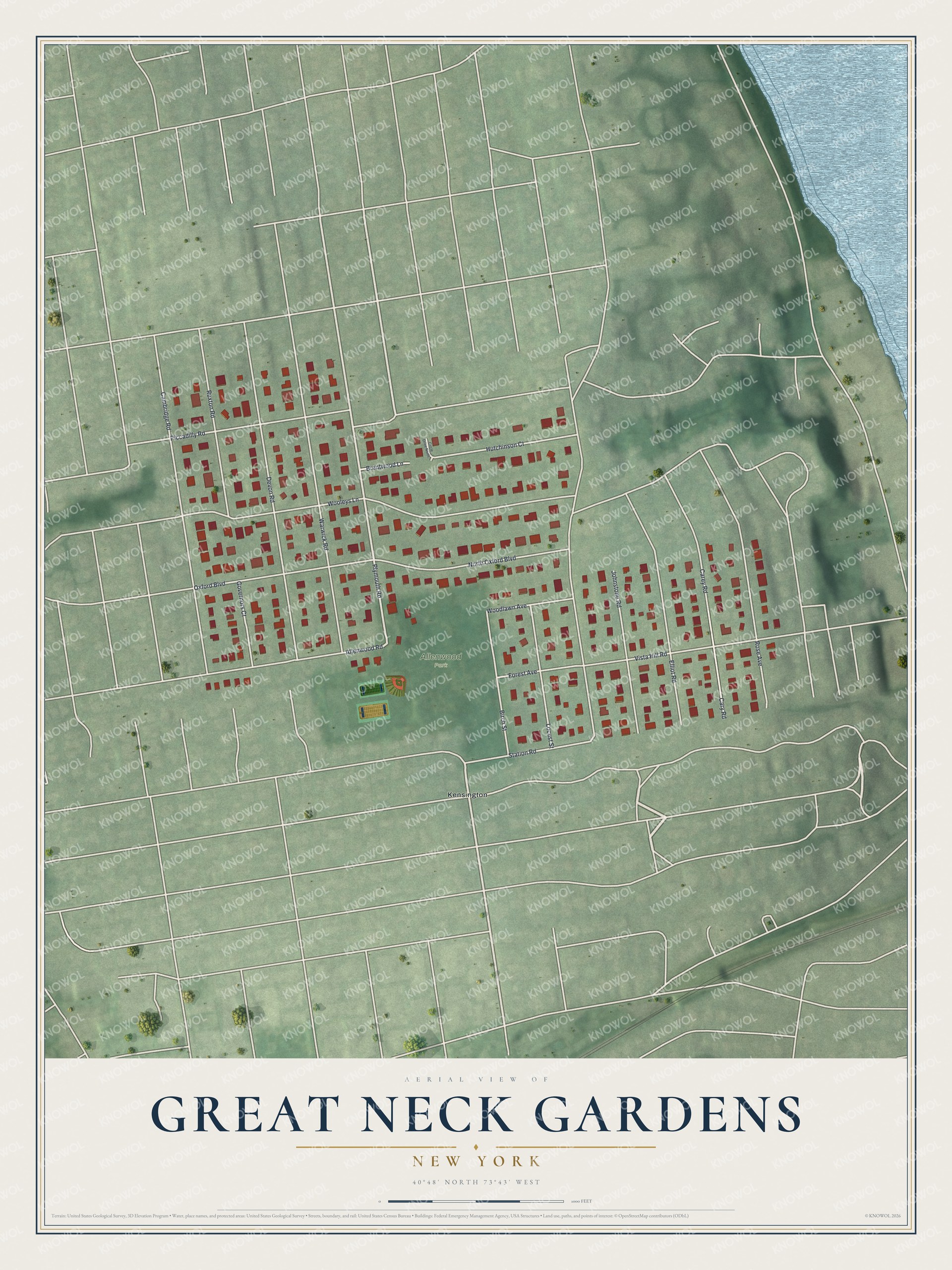 Full map of Great Neck Gardens, New York, with red buildings, printed street names and the land around them