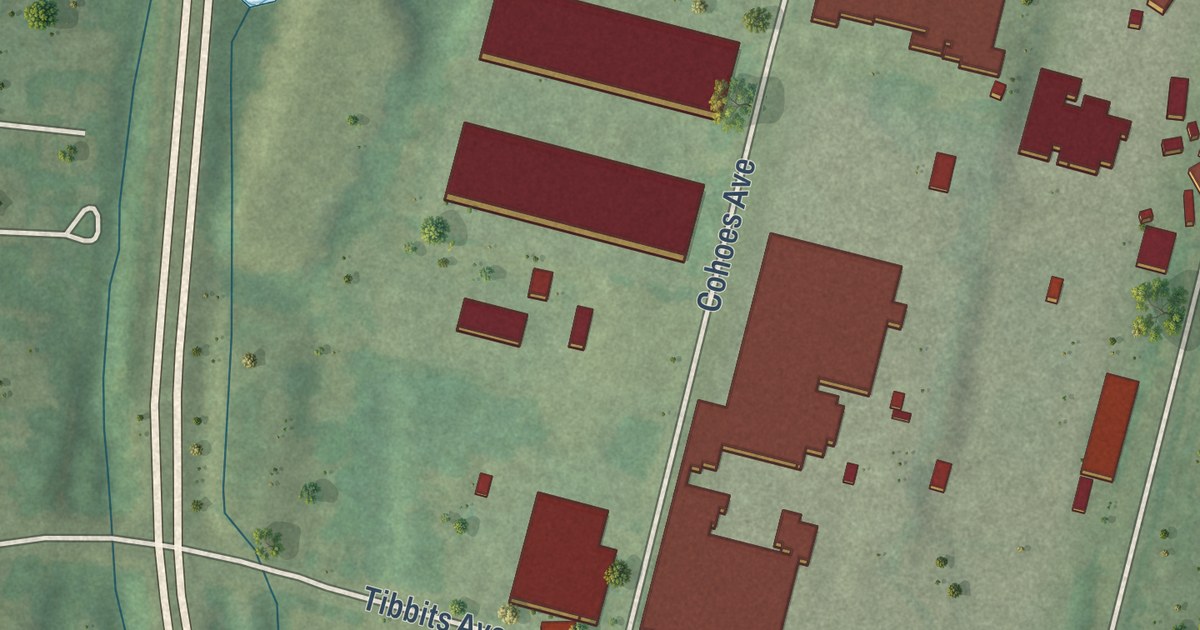 Close-up of streets and buildings in the Town of Green Island, New York