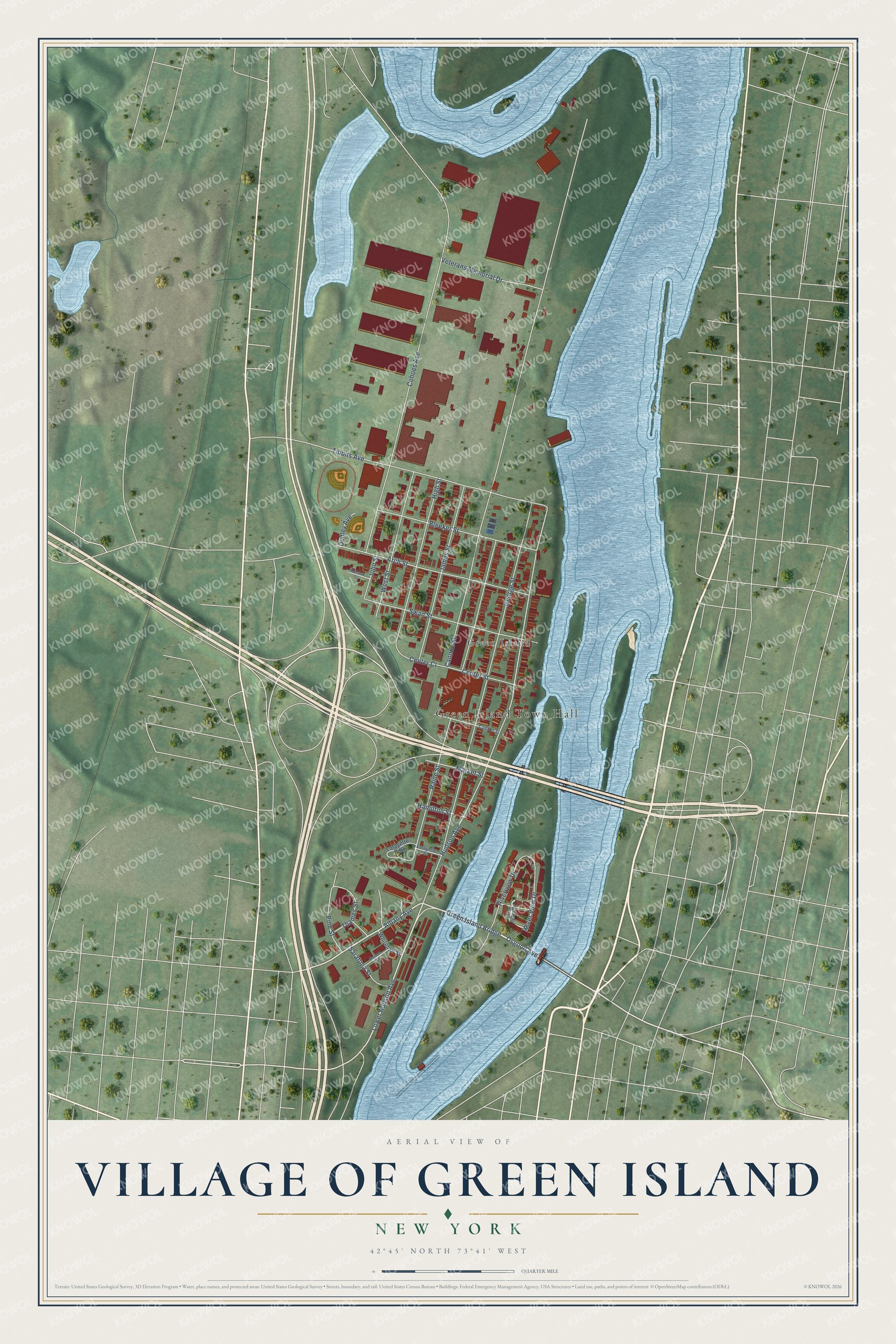 Detailed map of the Village of Green Island, New York, showing streets and buildings