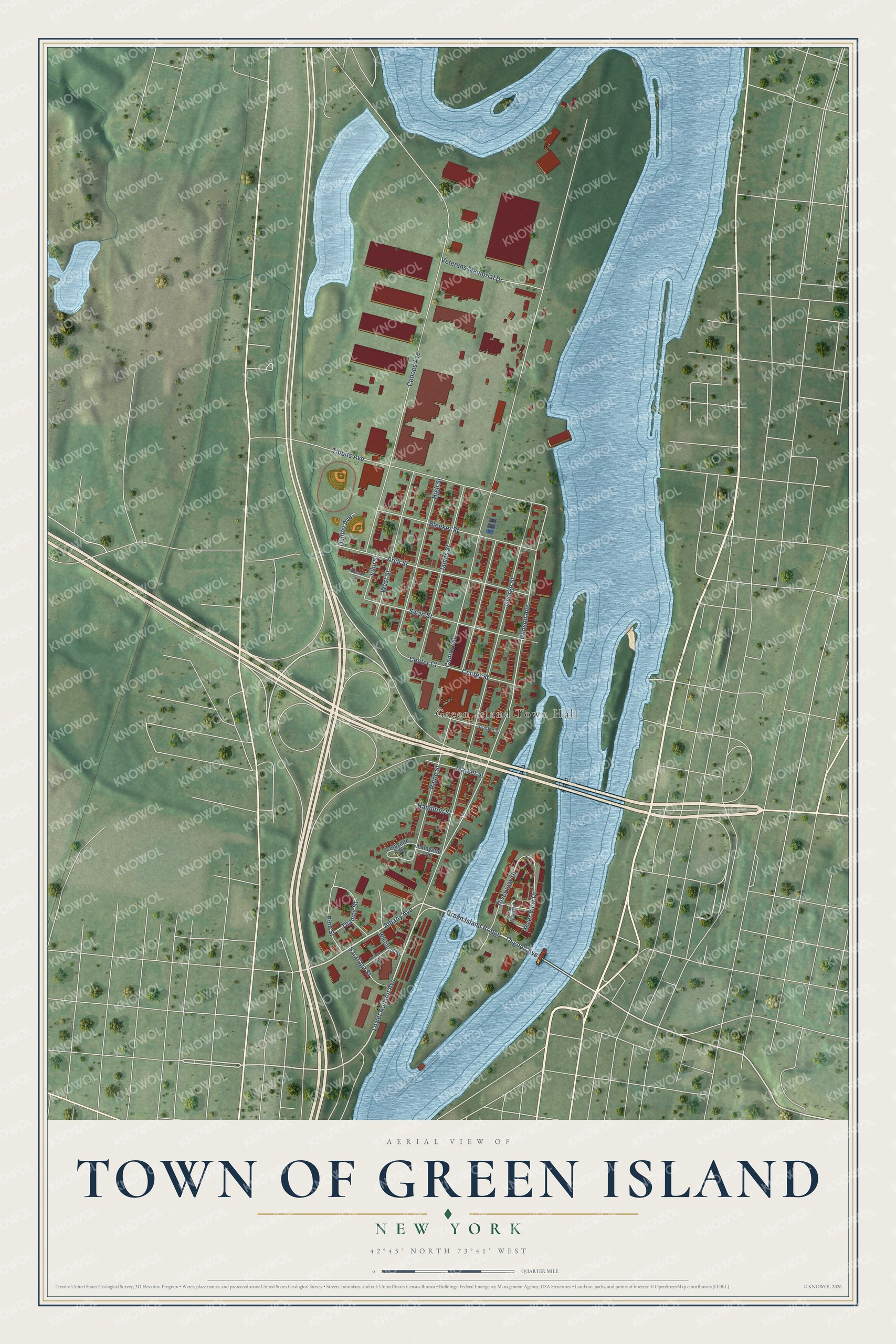 Detailed map of the Town of Green Island, New York, showing streets and buildings