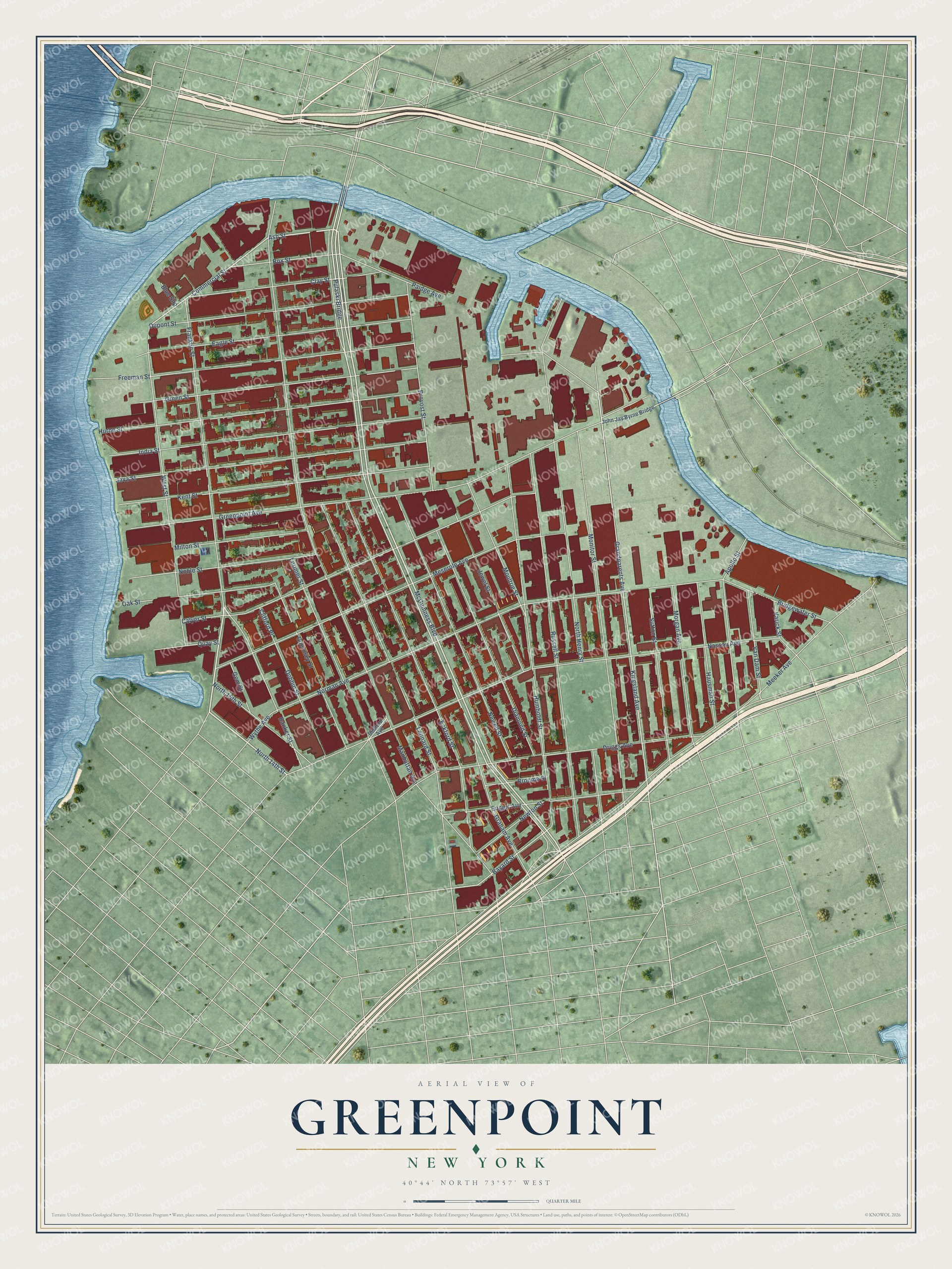 Full map of Greenpoint, New York, with red buildings, printed street names and the land around them