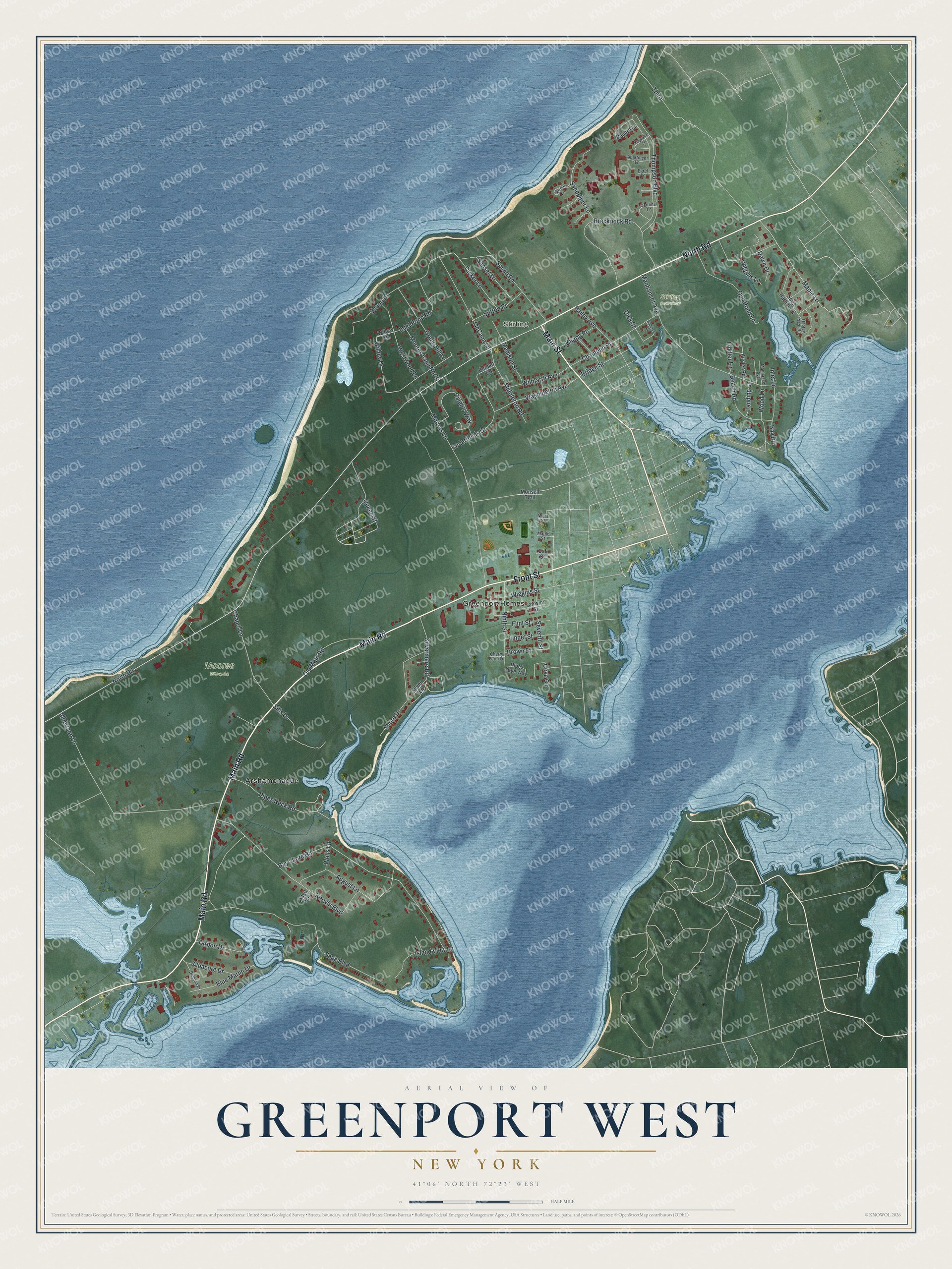 Full map of Greenport West, New York, with red buildings, printed street names and the land around them