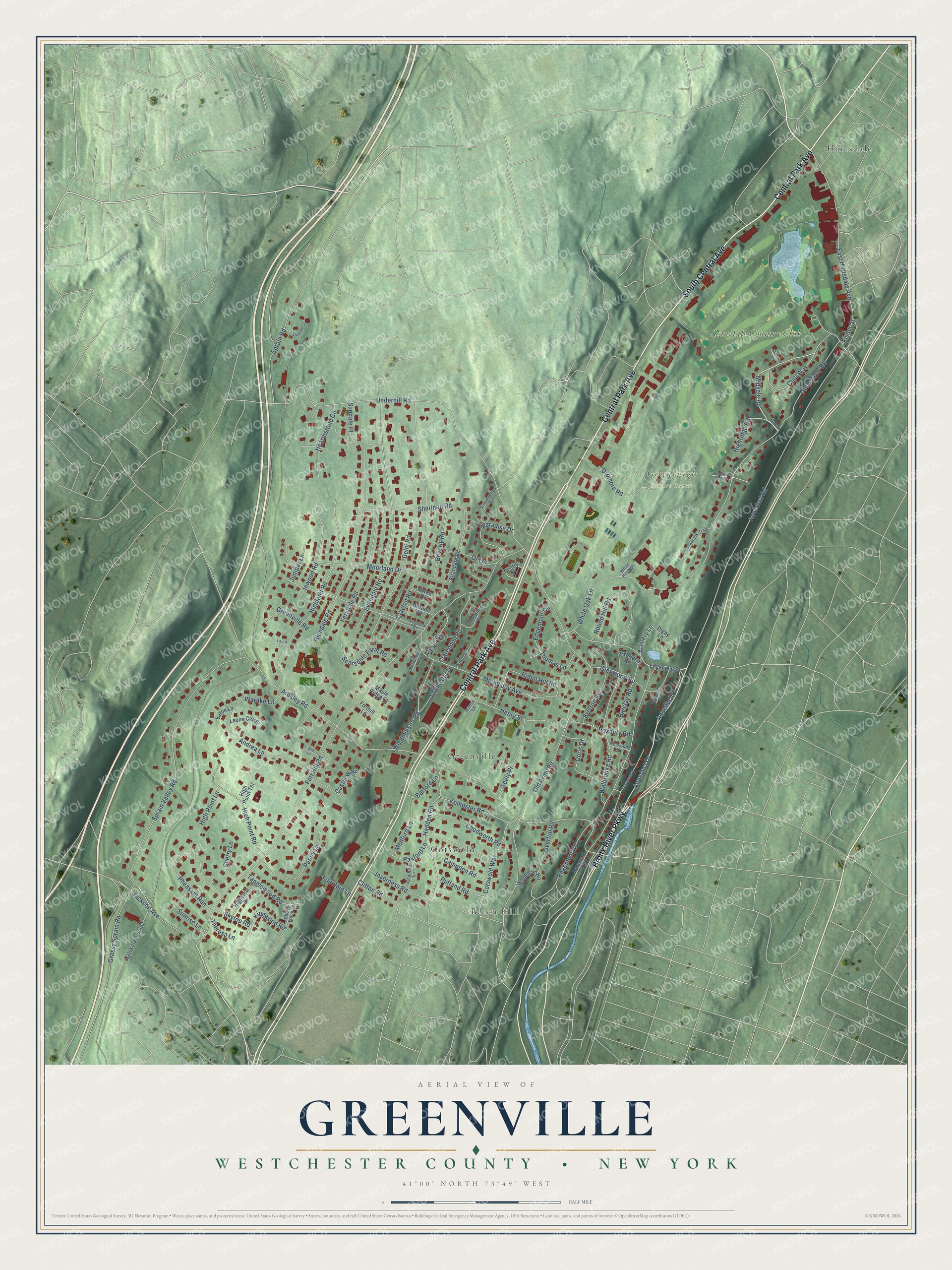 Detailed map of Greenville, Westchester County, New York, showing streets, buildings, and neighborhoods