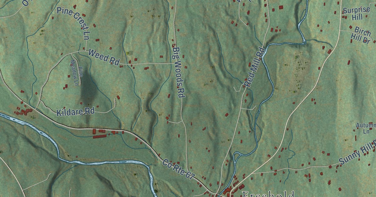Close-up of streets and buildings in Greenville, Greene County, New York