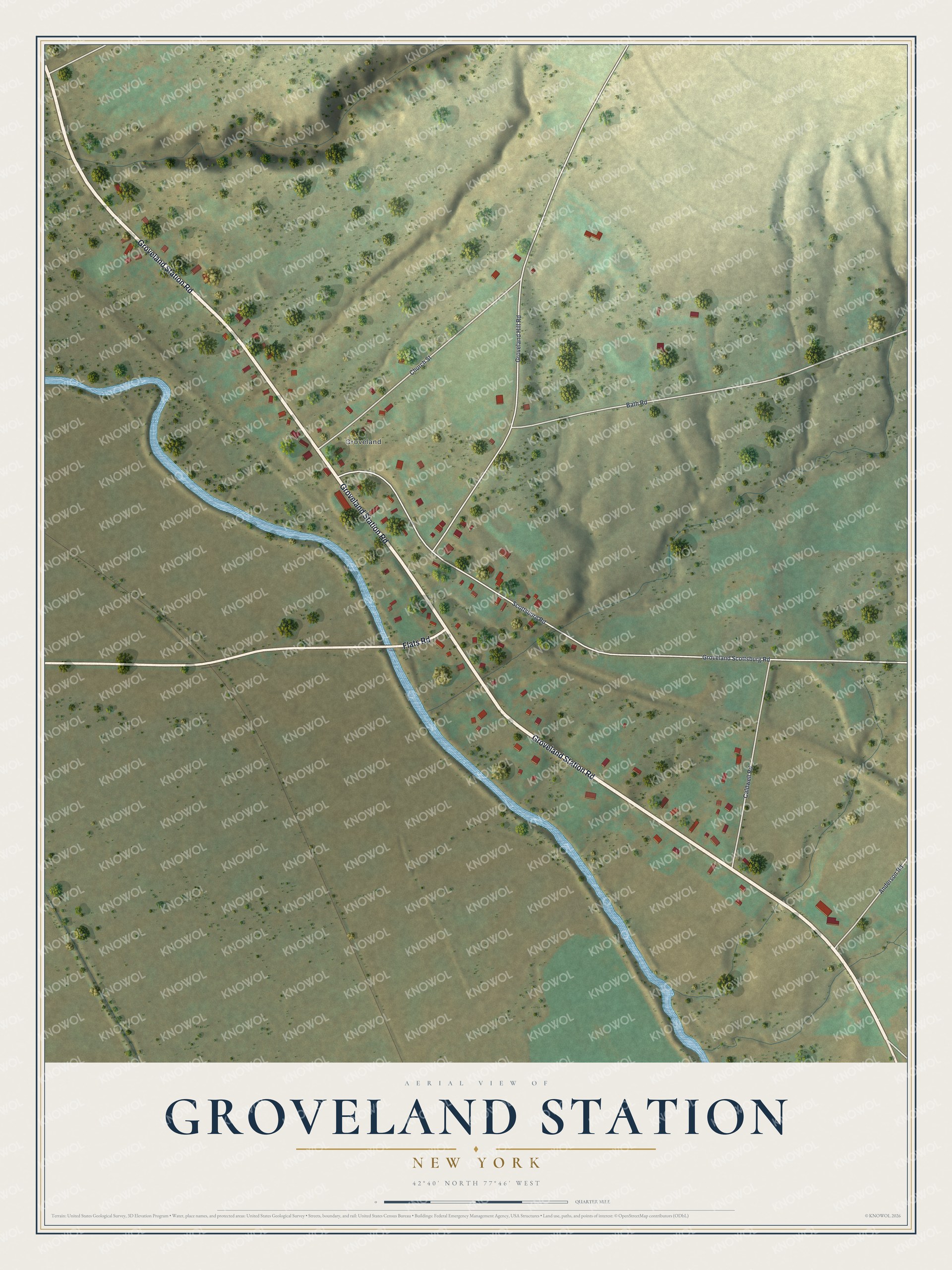 Full map of Groveland Station, New York, with red buildings, printed street names and the land around them
