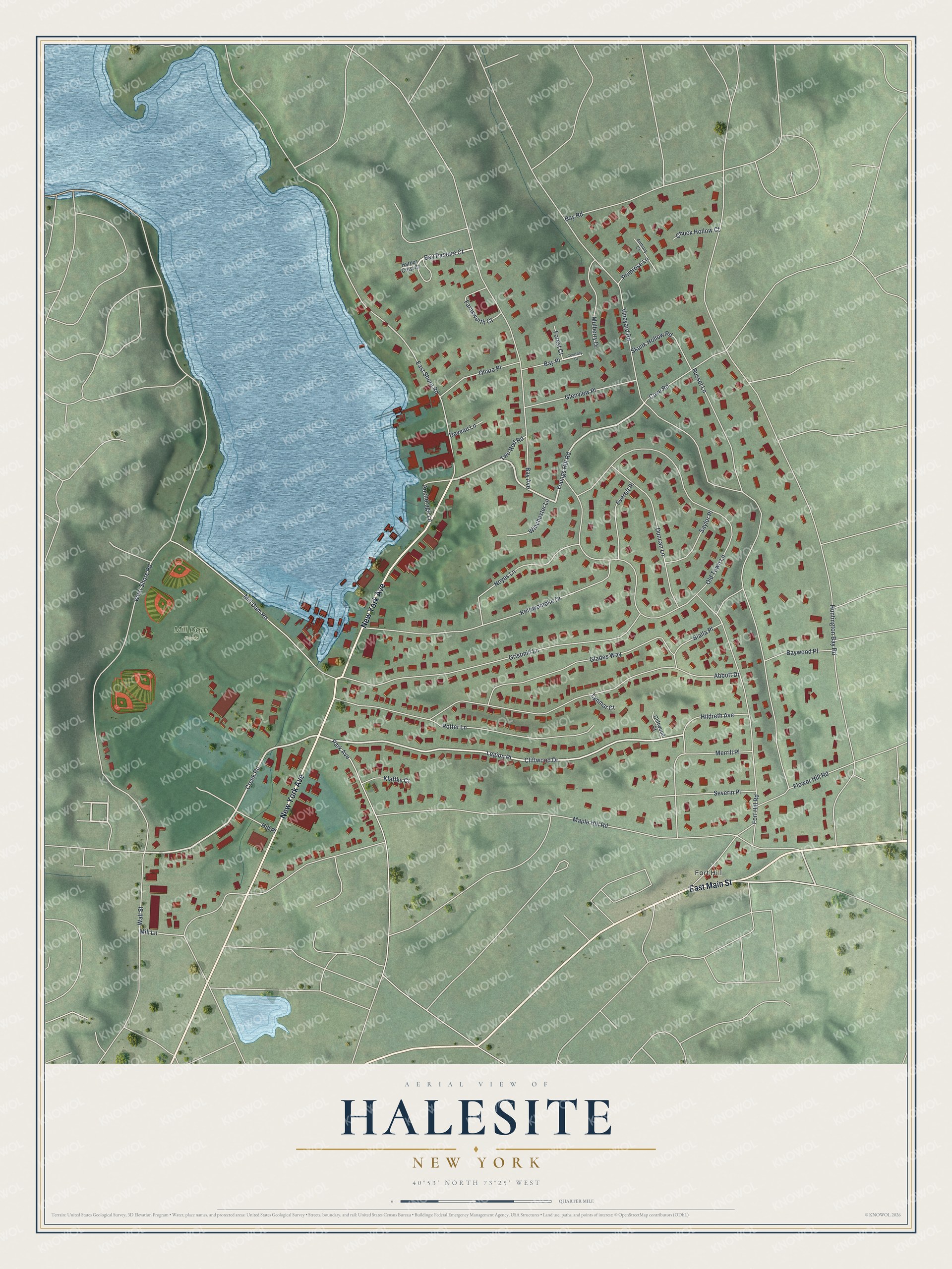 Full map of Halesite, New York, with red buildings, printed street names and the land around them