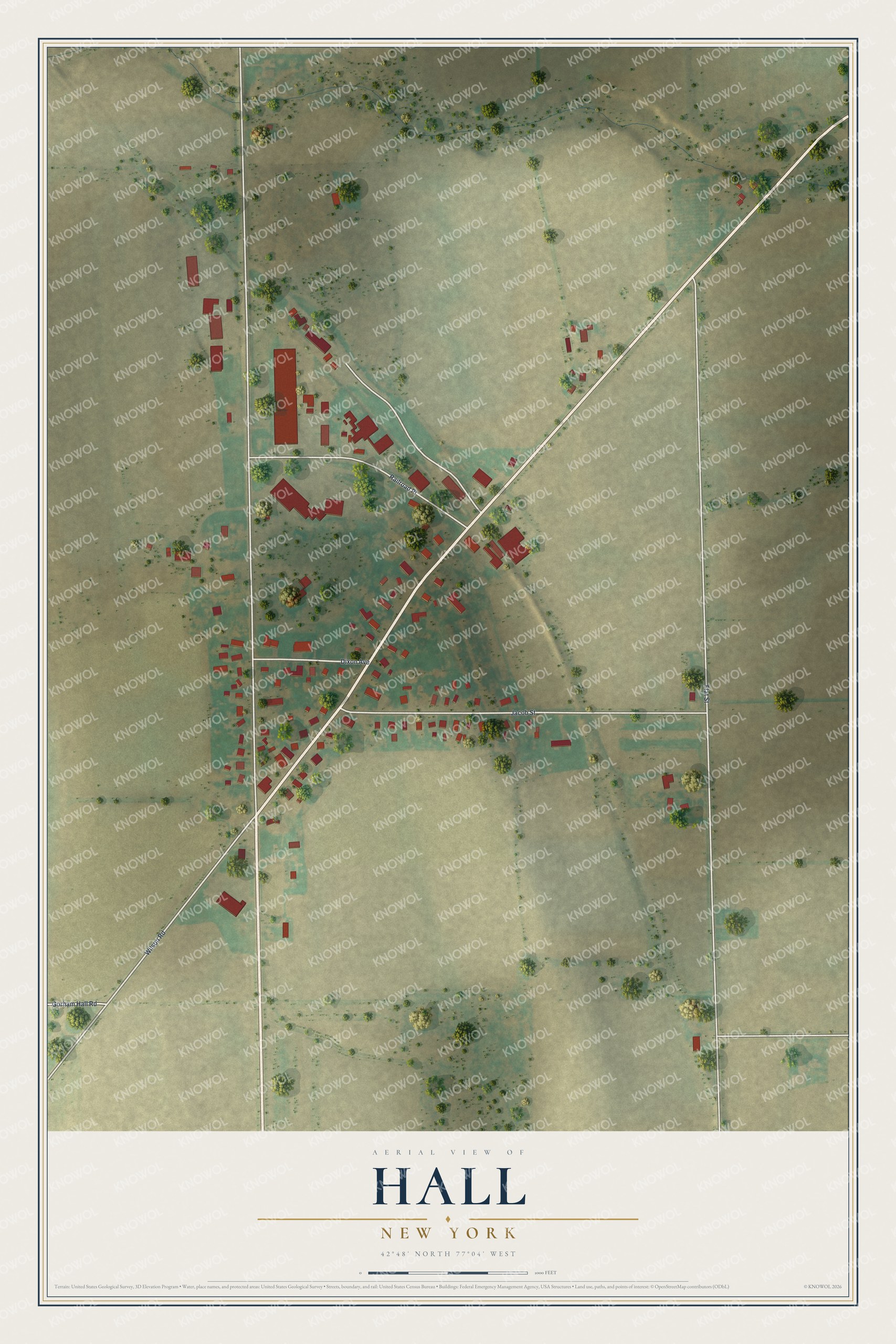 Full map of Hall, New York, with red buildings, printed street names and the land around them