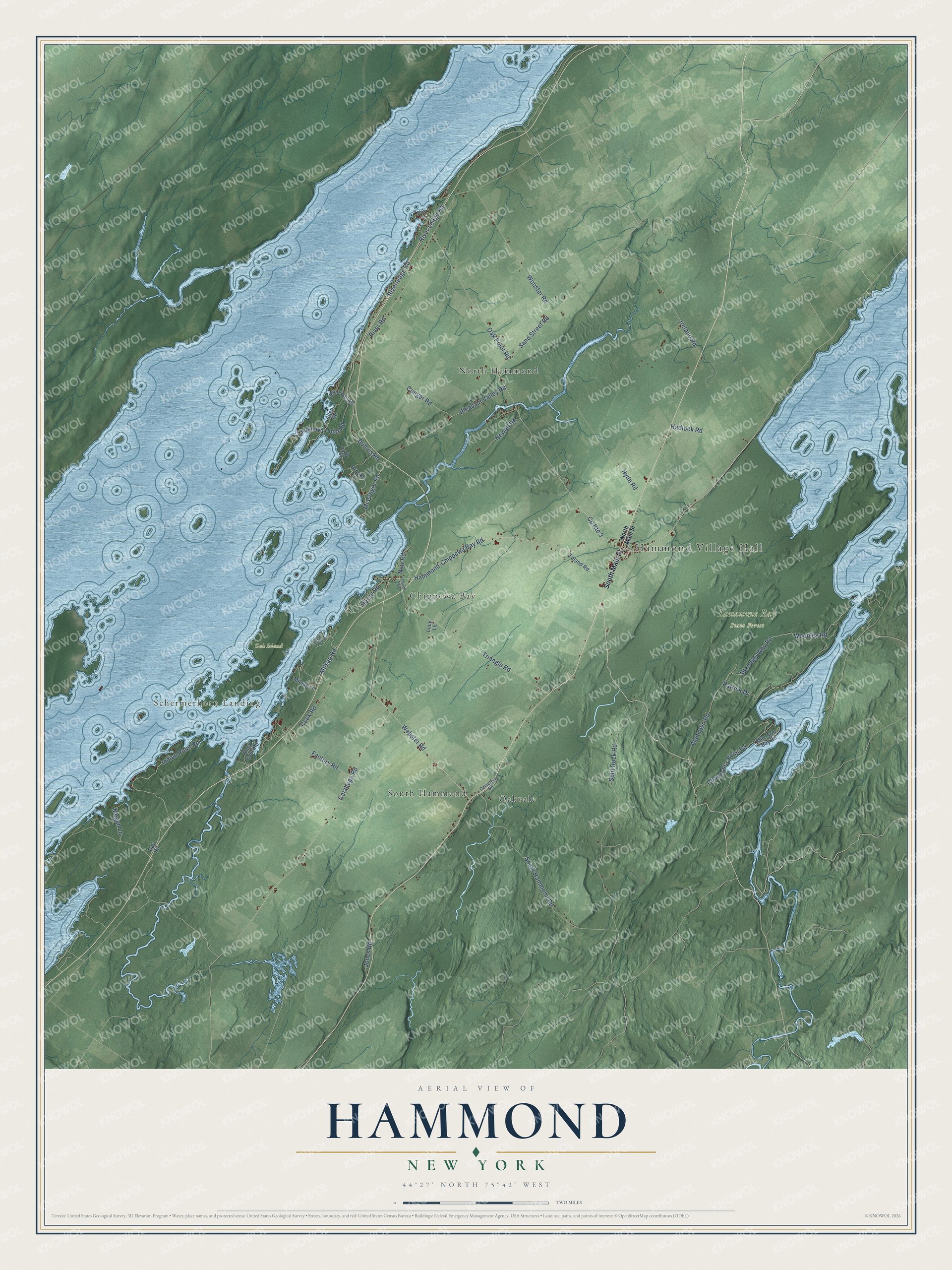 Detailed map of Hammond, New York, showing streets, buildings, neighborhoods, and parks