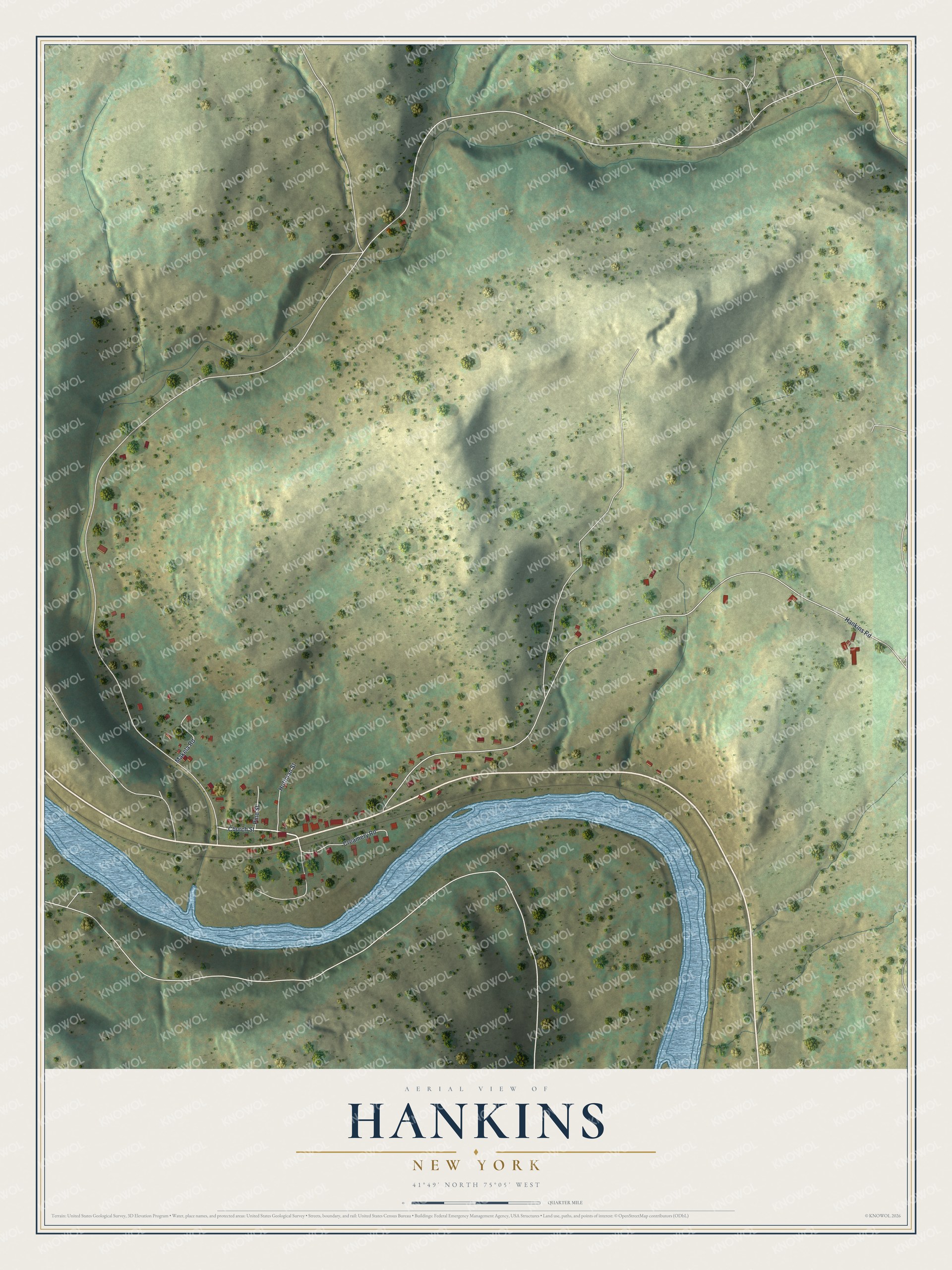 Full map of Hankins, New York, with red buildings, printed street names and the land around them