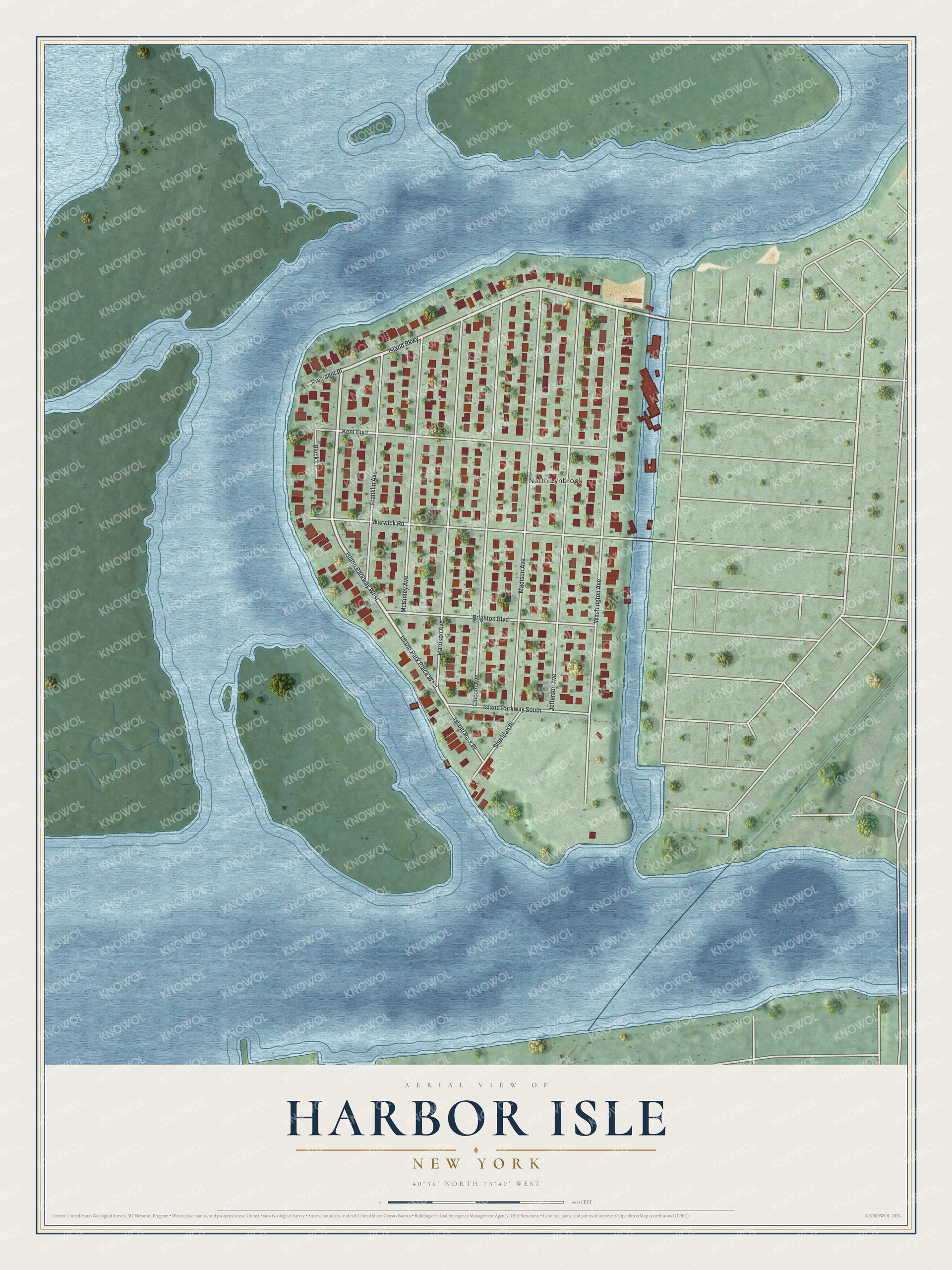 Full map of Harbor Isle, New York, with red buildings, printed street names and the land around them