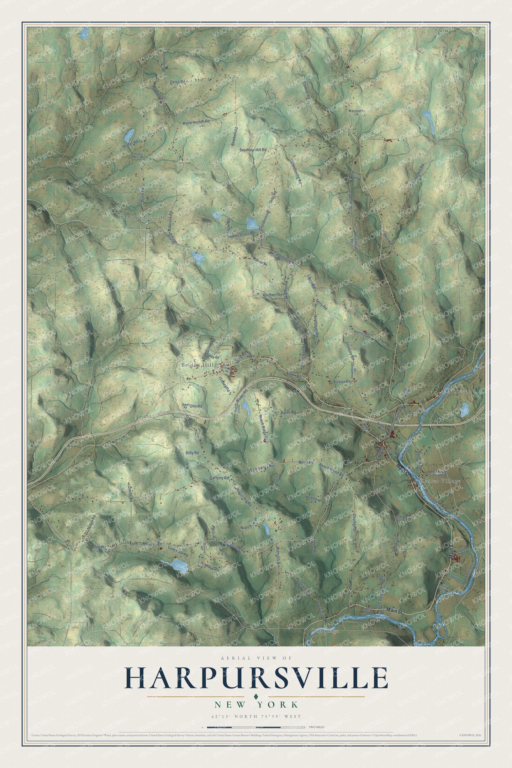 Full map of Harpursville, New York, with red buildings, printed street names and the land around them