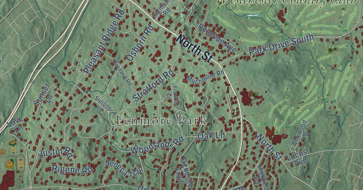 Close-up of streets and buildings in the Town of Harrison, New York