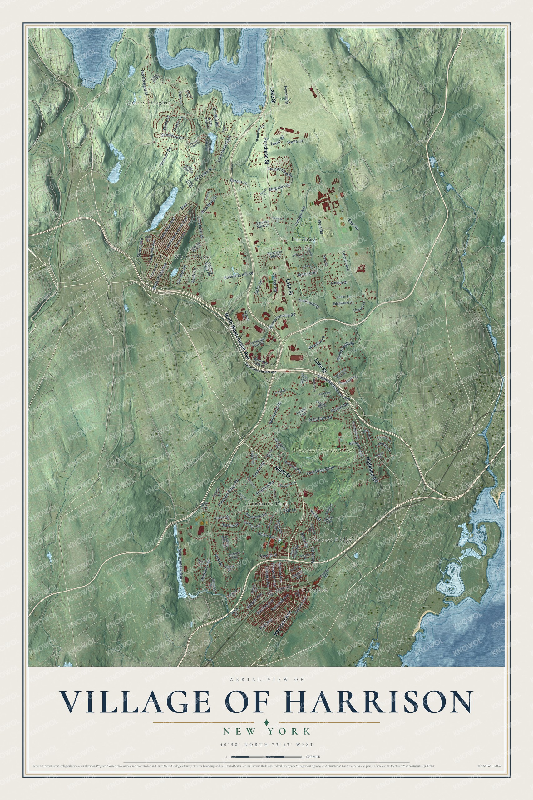Detailed map of the Village of Harrison, New York, showing streets, buildings, neighborhoods, and beaches