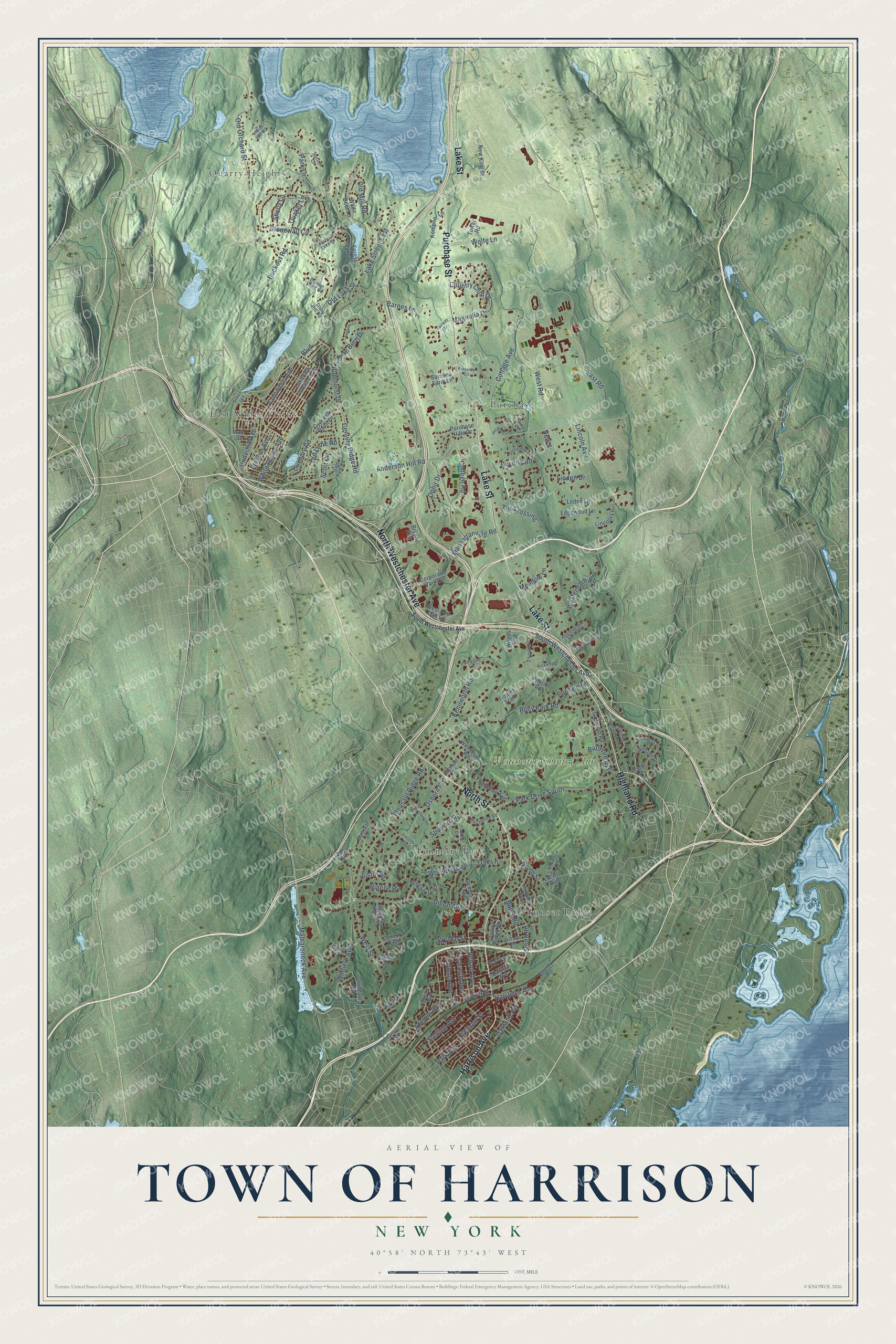 Detailed map of the Town of Harrison, New York, showing streets, buildings, neighborhoods, and beaches