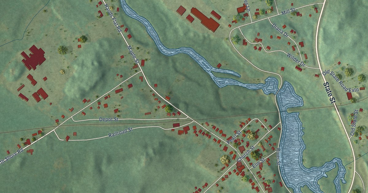 Close-up of streets and buildings in Harrisville, New York