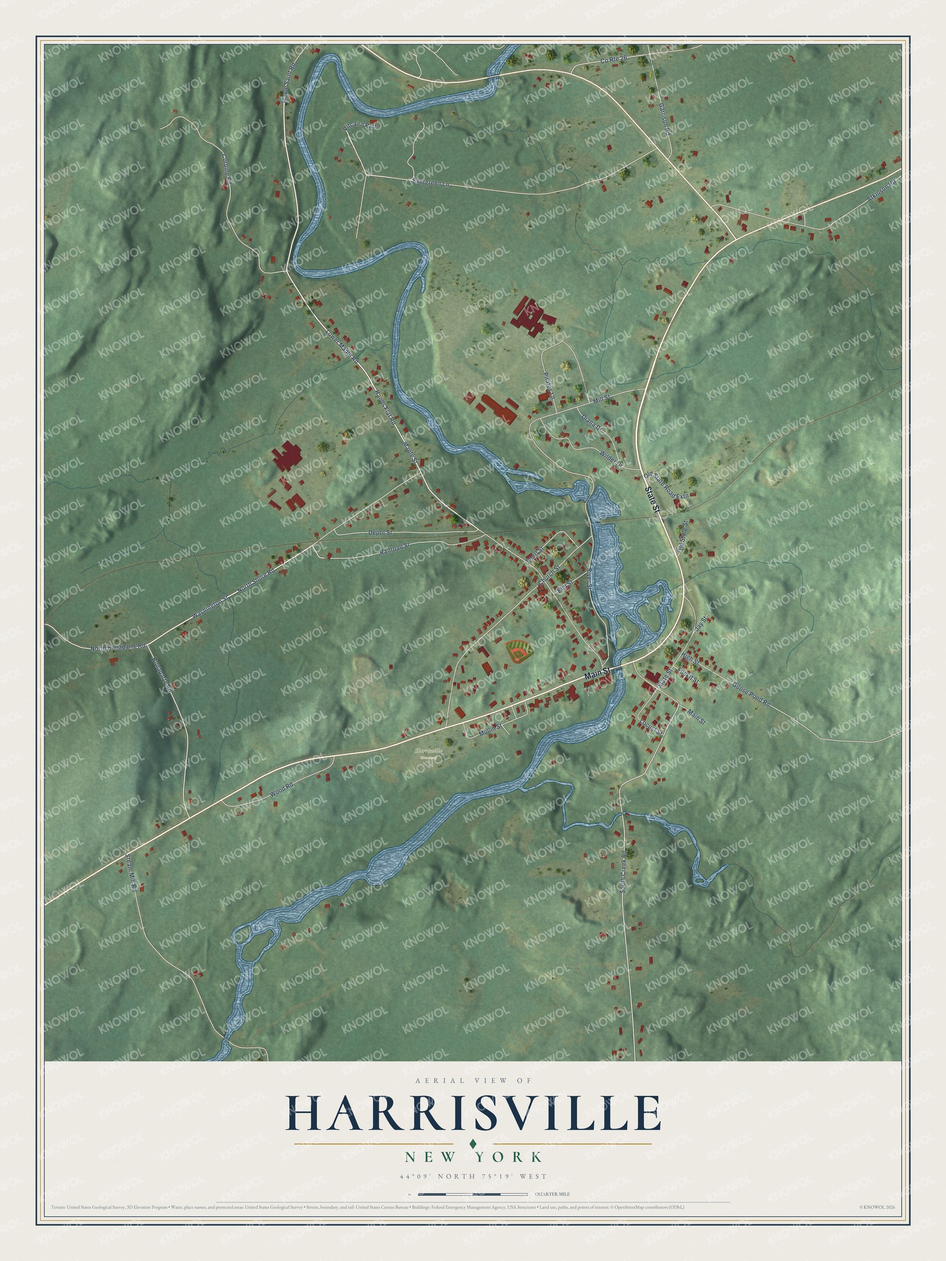 Full map of Harrisville, New York, with red buildings, printed street names and the land around them