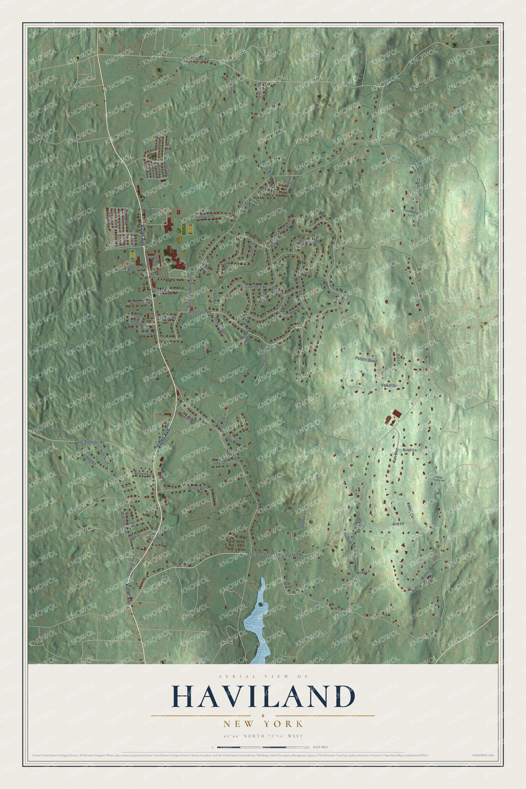 Full map of Haviland, New York, with red buildings, printed street names and the land around them
