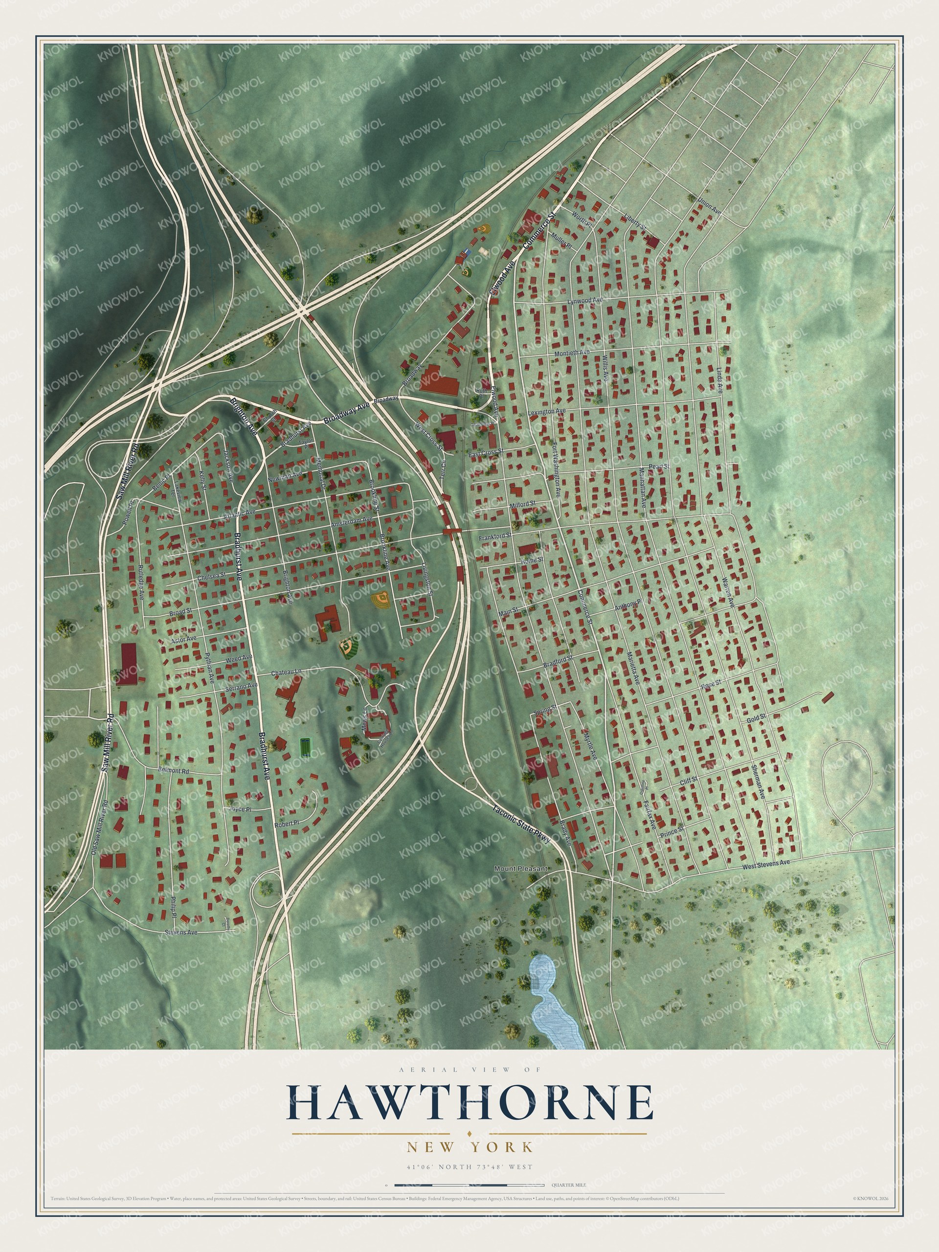 Full map of Hawthorne, New York, with red buildings, printed street names and the land around them