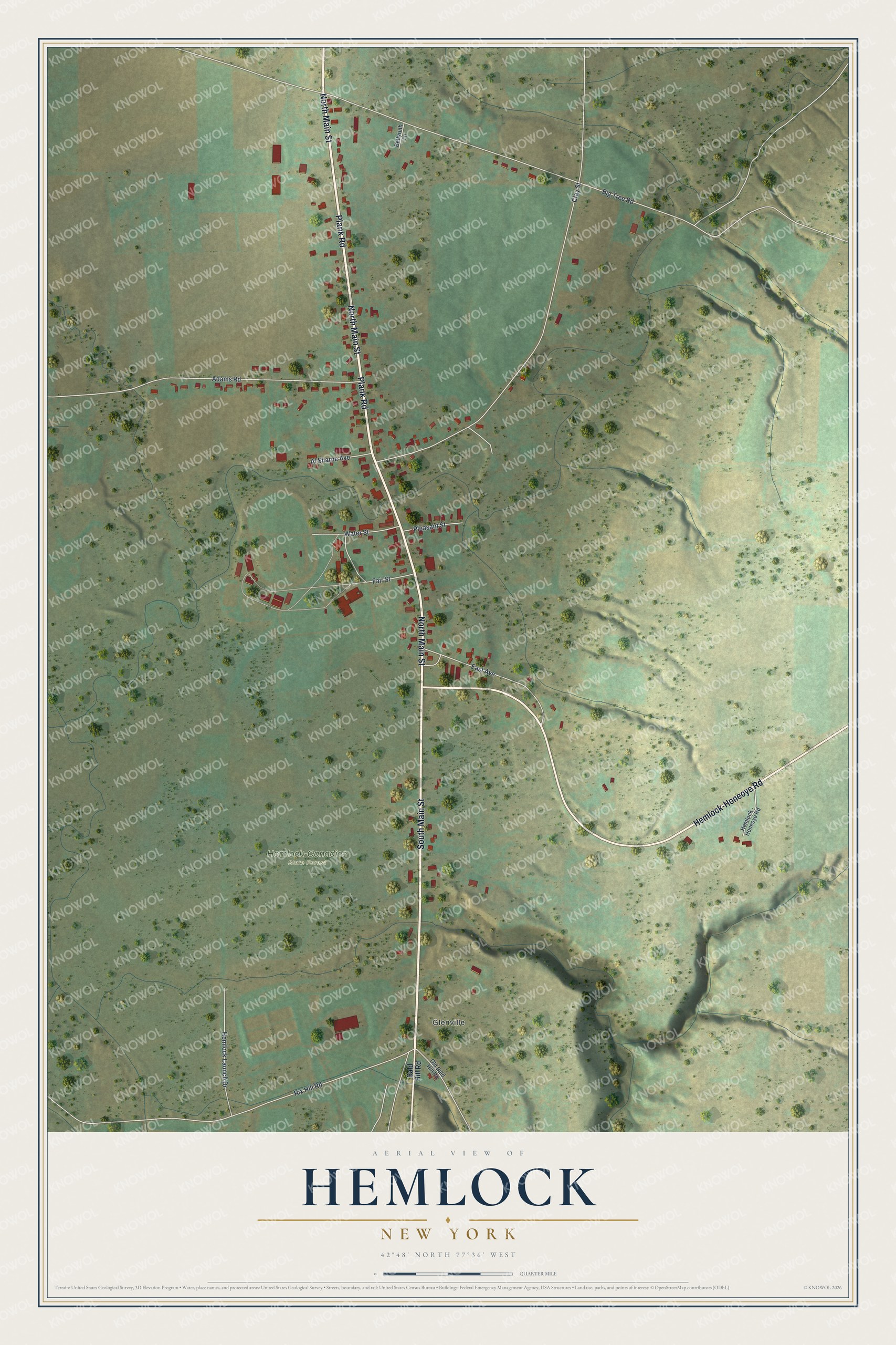 Full map of Hemlock, New York, with red buildings, printed street names and the land around them
