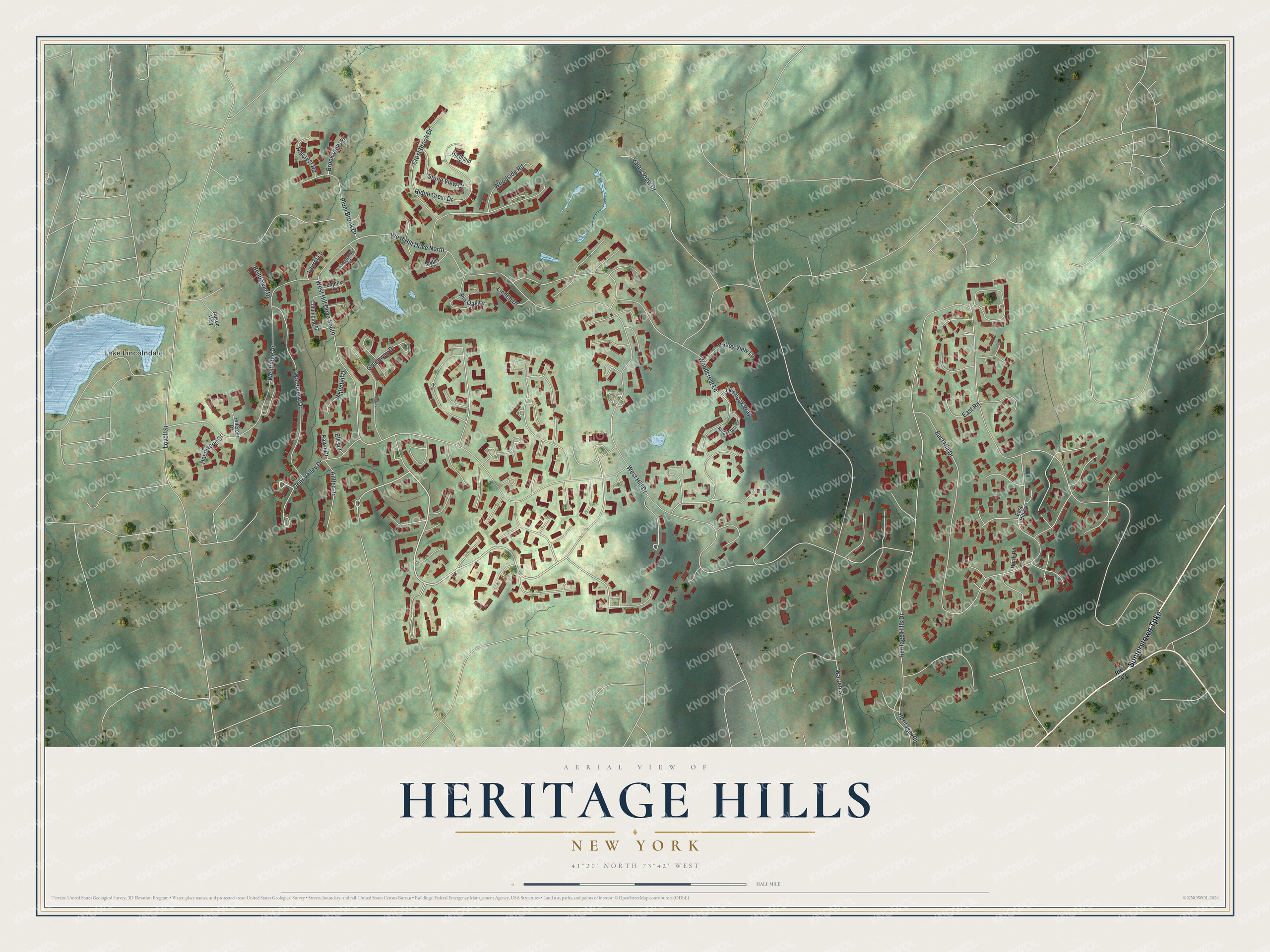 Full map of Heritage Hills, New York, with red buildings, printed street names and the land around them